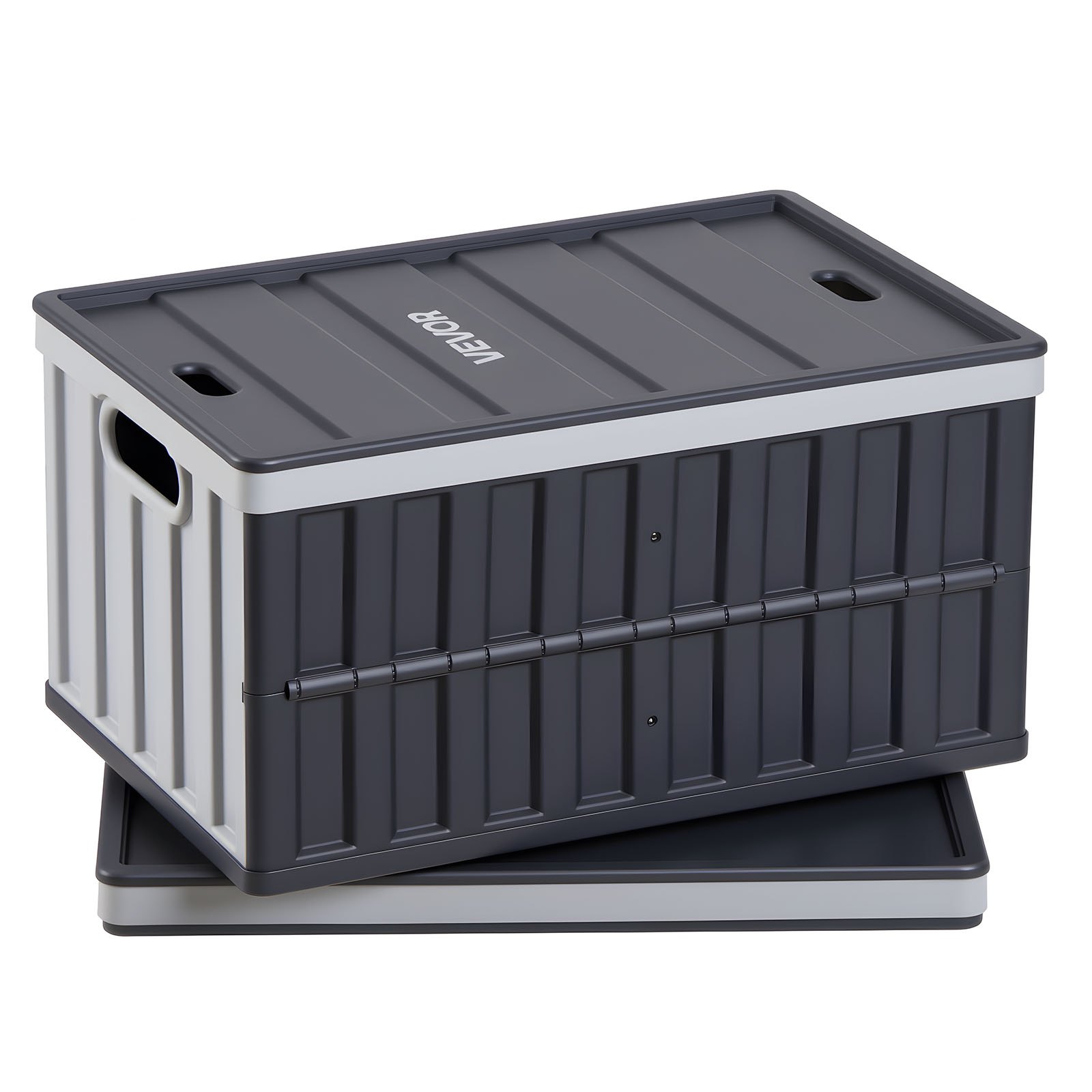 VEVOR Cajas de Almacenaje Plegables de Plástico 65 L, 2 Unidades, Contenedores de Almacenaje con Asas, Tapa Apilable, Ahorra Espacio, Soporta 38 kg para Hogar Coche Camping Organización, Gris Oscuro