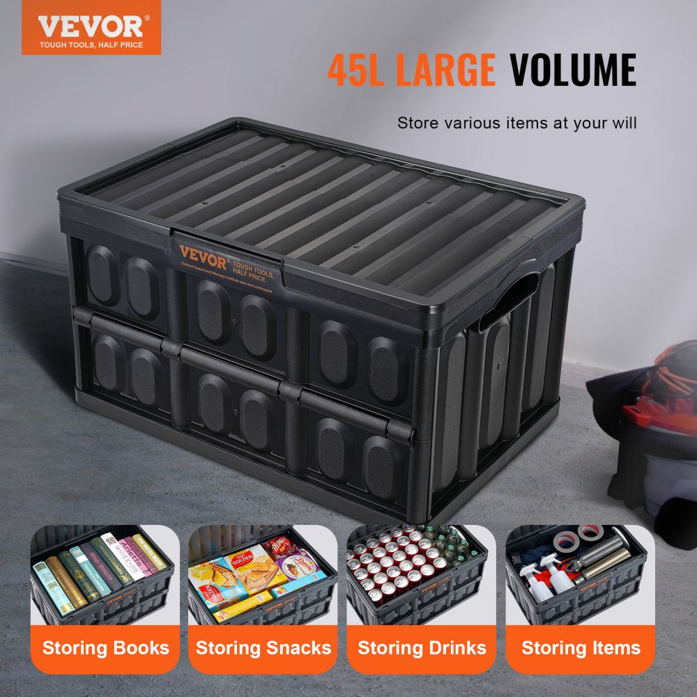 Contenedores de almacenamiento plegables VEVOR, volumen de 45 l, ideales para guardar libros, bocadillos, bebidas y otros artículos.