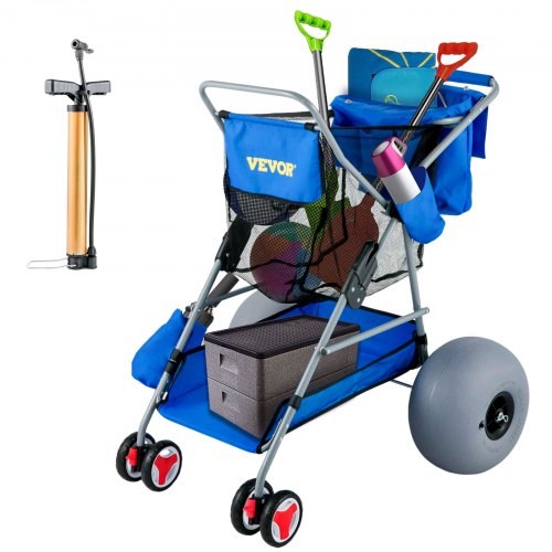 VEVOR Carro de Playa con Ruedas de globo 30,5 cm Carro Plegable al Aire Libre 85x87x94 cm Carretilla Portátil de Transporte Carga de 160 kg con Bolsas de Almacenamiento Azul para Jardín Playa Piscina