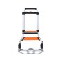 Carretilla de mano plegable VEVOR con marco plateado, detalles negros y plataforma naranja.