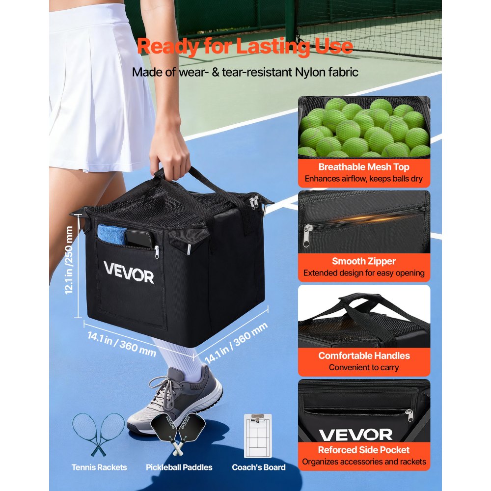 VEVOR Carro Plegable para Pelotas de Tenis con Ruedas, Capacidad de 120 Pelotas, Cesta de Tenis con Bolsillos Laterales, Bolsa de Nailon, Carrito de Entrenamiento Multideporte para Pickleball Béisbol