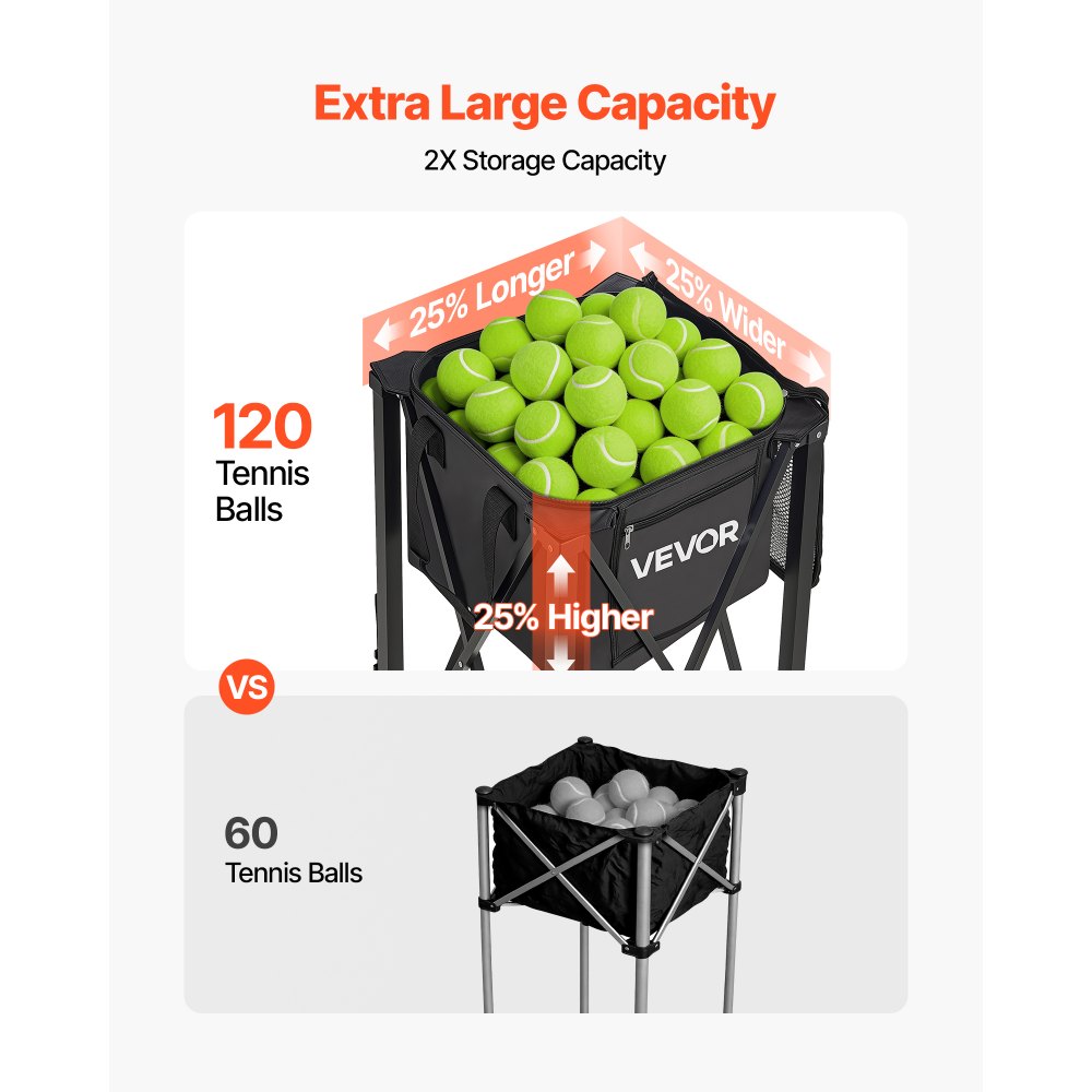 VEVOR Carro Plegable para Pelotas de Tenis con Ruedas, Capacidad de 120 Pelotas, Cesta de Tenis con Bolsillos Laterales, Bolsa de Nailon, Carrito de Entrenamiento Multideporte para Pickleball Béisbol
