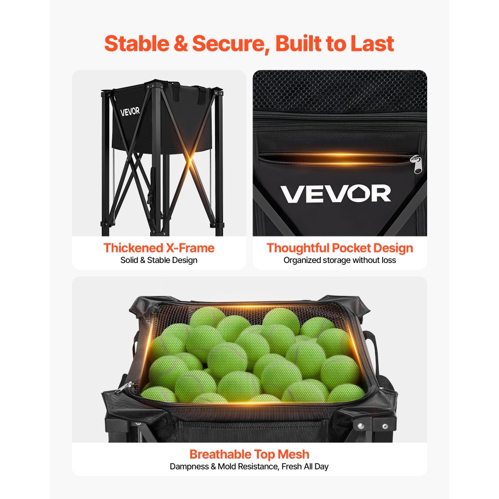 VEVOR Carro Plegable para Pelotas de Tenis con Ruedas, Capacidad de 120 Pelotas, Cesta de Tenis con Bolsillos Laterales, Bolsa de Nailon, Carrito de Entrenamiento Multideporte para Pickleball Béisbol