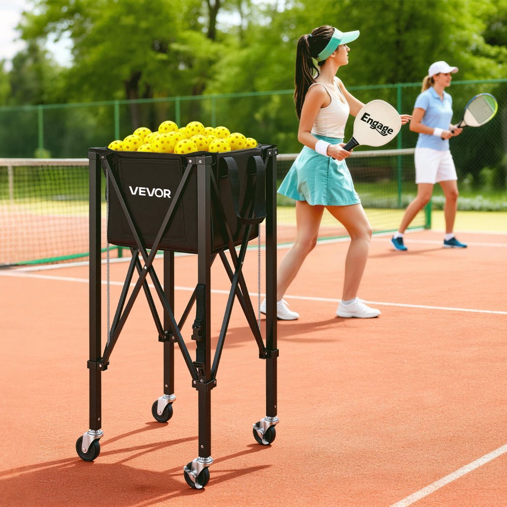 VEVOR Carro Plegable para Pelotas de Tenis con Ruedas, Capacidad de 120 Pelotas, Cesta de Tenis con Bolsillos Laterales, Bolsa de Nailon, Carrito de Entrenamiento Multideporte para Pickleball Béisbol