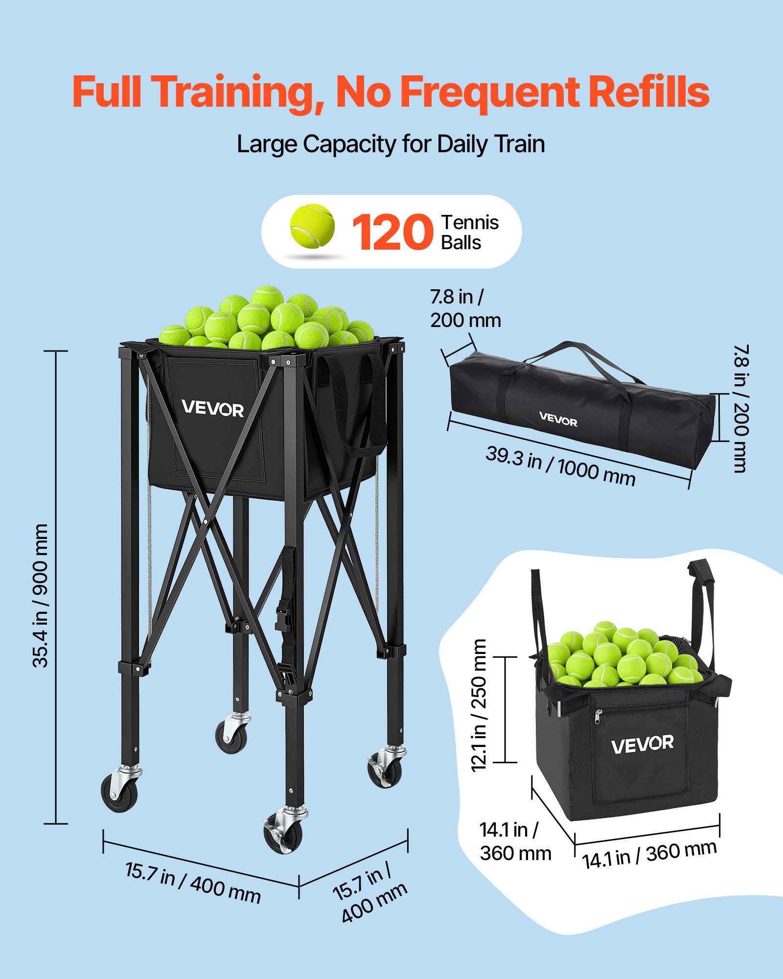 VEVOR Carro Plegable para Pelotas de Tenis con Ruedas, Capacidad de 120 Pelotas, Cesta de Tenis con Bolsillos Laterales, Bolsa de Nailon, Carrito de Entrenamiento Multideporte para Pickleball Béisbol