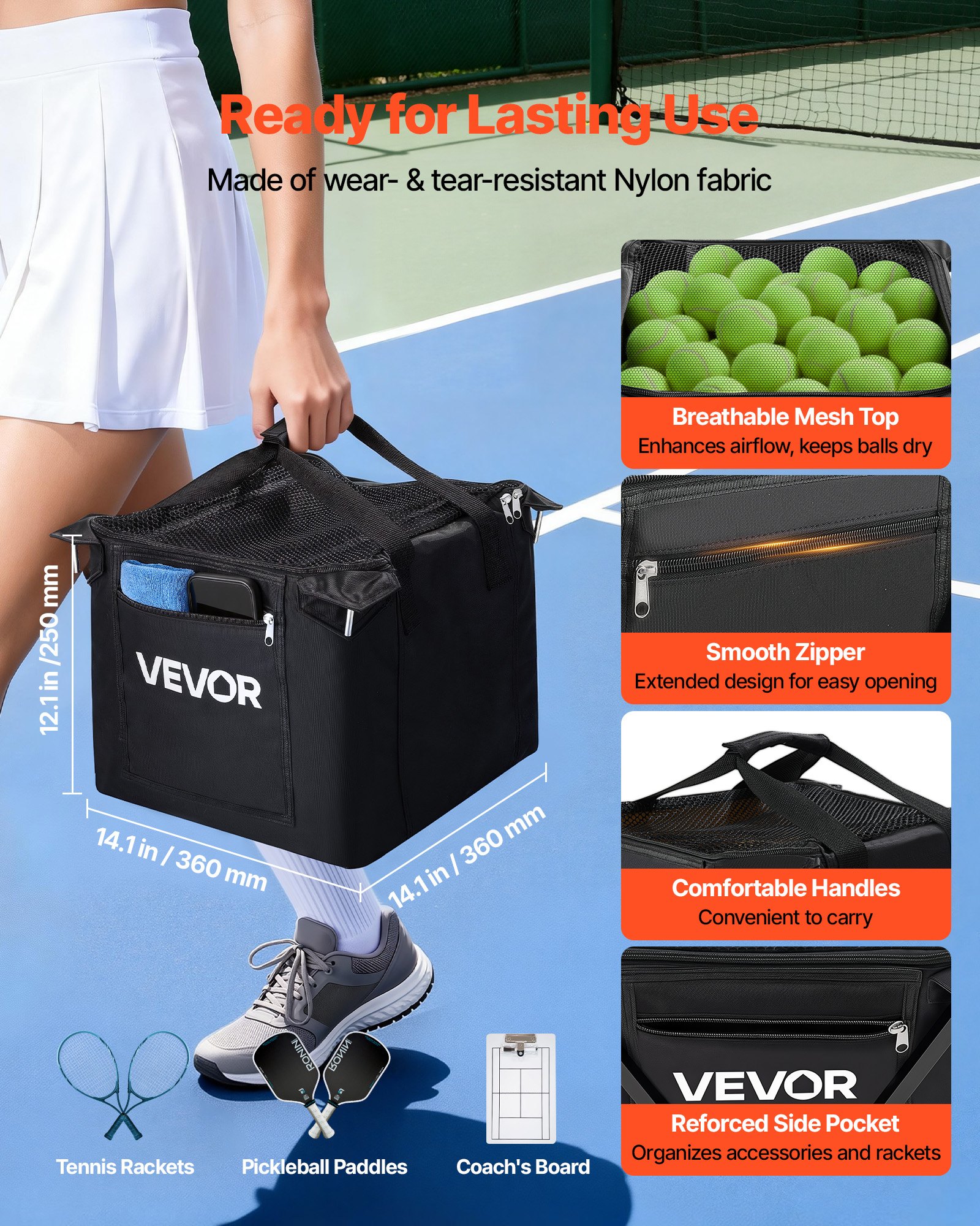 VEVOR Carro Plegable para Pelotas de Tenis con Ruedas, Capacidad de 120 Pelotas, Cesta de Tenis con Bolsillos Laterales, Bolsa de Nailon, Carrito de Entrenamiento Multideporte para Pickleball Béisbol