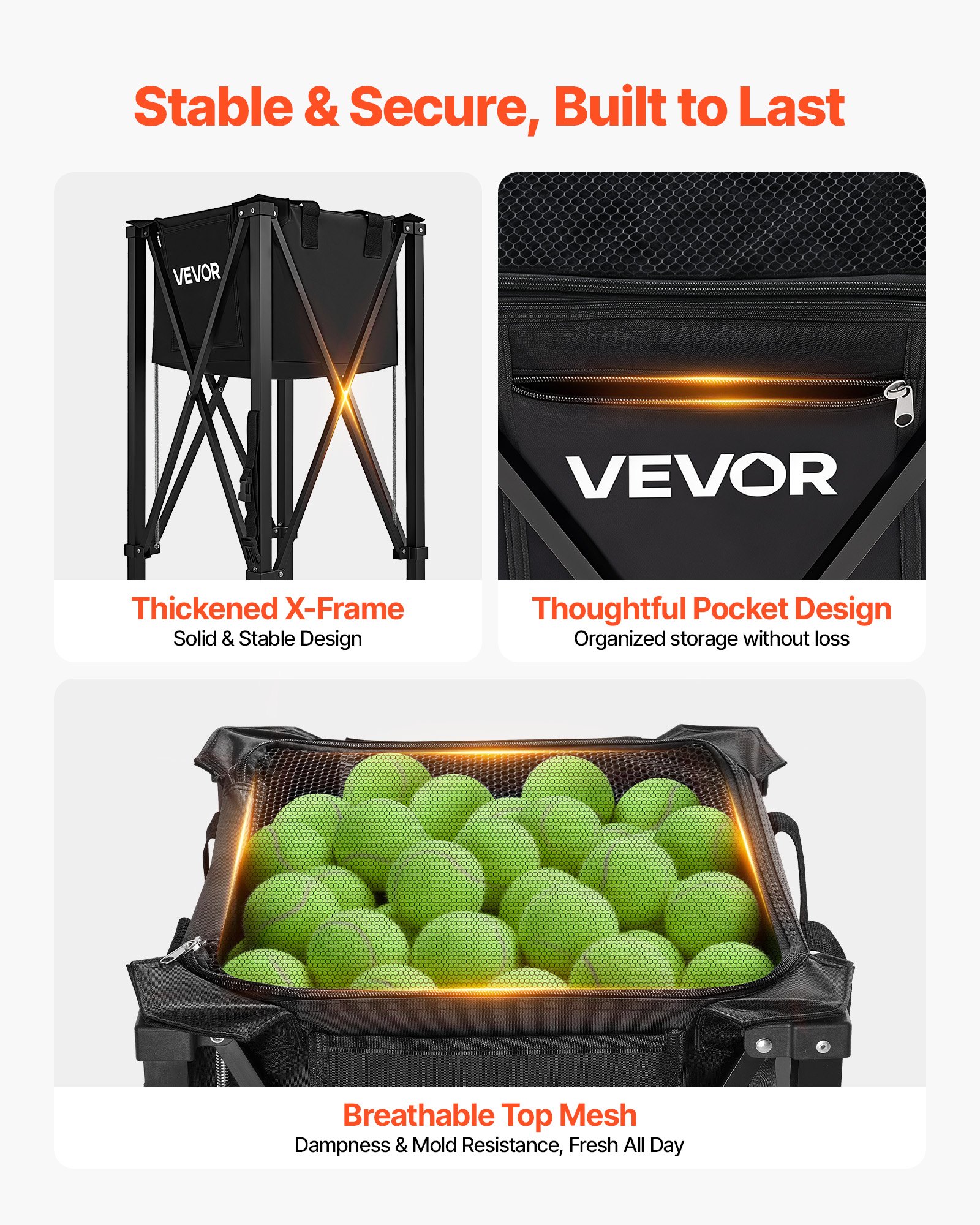 VEVOR Carro Plegable para Pelotas de Tenis con Ruedas, Capacidad de 120 Pelotas, Cesta de Tenis con Bolsillos Laterales, Bolsa de Nailon, Carrito de Entrenamiento Multideporte para Pickleball Béisbol