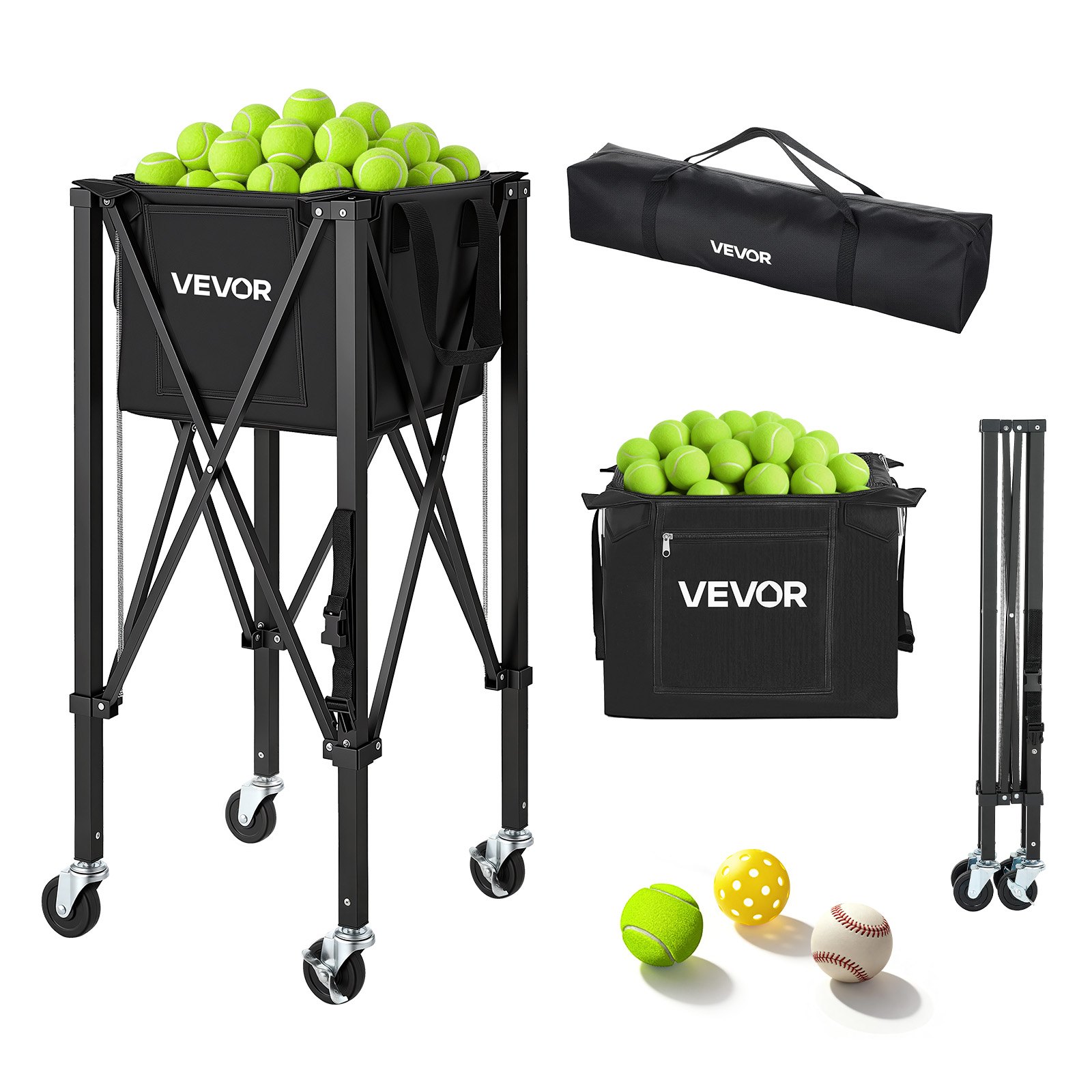 VEVOR Carro Plegable para Pelotas de Tenis con Ruedas, Capacidad de 120 Pelotas, Cesta de Tenis con Bolsillos Laterales, Bolsa de Nailon, Carrito de Entrenamiento Multideporte para Pickleball Béisbol