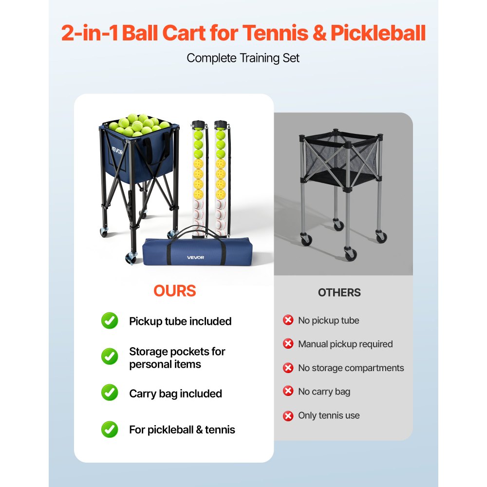 VEVOR Carro Plegable para Pelotas de Tenis con Ruedas, Cesta de Nailon Capacidad de 150 Pelotas con Tubo Recogepelotas de Tenis y Bolsillos Laterales, Carrito de Entrenamiento para Béisbol Pickleball
