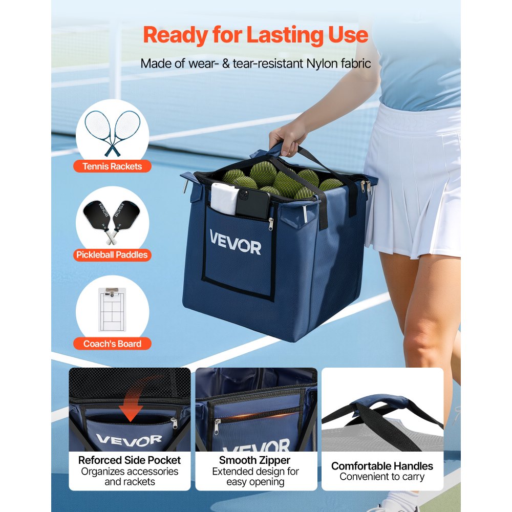 VEVOR Carro Plegable para Pelotas de Tenis con Ruedas, Cesta de Nailon Capacidad de 150 Pelotas con Tubo Recogepelotas de Tenis y Bolsillos Laterales, Carrito de Entrenamiento para Béisbol Pickleball