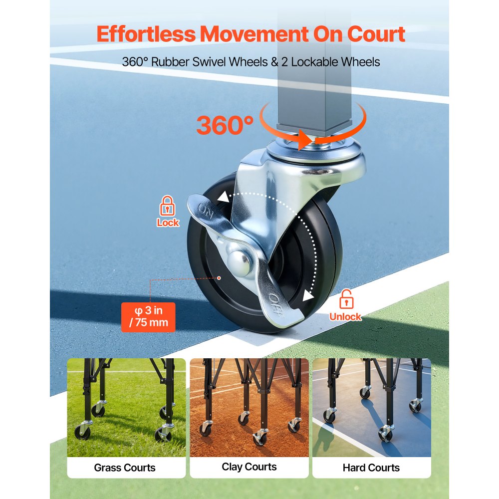 VEVOR Carro Plegable para Pelotas de Tenis con Ruedas, Cesta de Nailon Capacidad de 150 Pelotas con Tubo Recogepelotas de Tenis y Bolsillos Laterales, Carrito de Entrenamiento para Béisbol Pickleball
