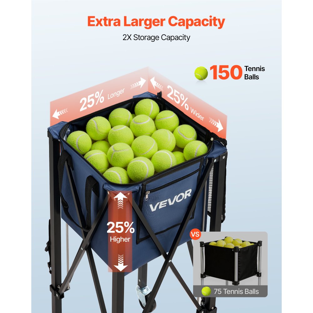 VEVOR Carro Plegable para Pelotas de Tenis con Ruedas, Cesta de Nailon Capacidad de 150 Pelotas con Tubo Recogepelotas de Tenis y Bolsillos Laterales, Carrito de Entrenamiento para Béisbol Pickleball