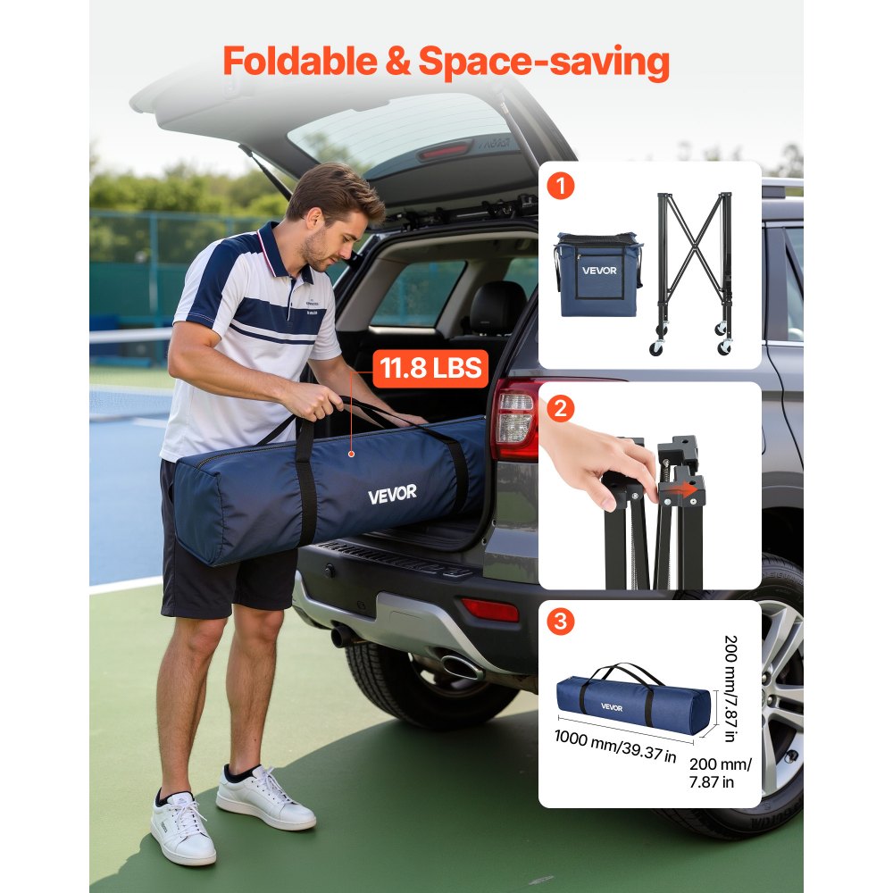 VEVOR Carro Plegable para Pelotas de Tenis con Ruedas, Cesta de Nailon Capacidad de 150 Pelotas con Tubo Recogepelotas de Tenis y Bolsillos Laterales, Carrito de Entrenamiento para Béisbol Pickleball