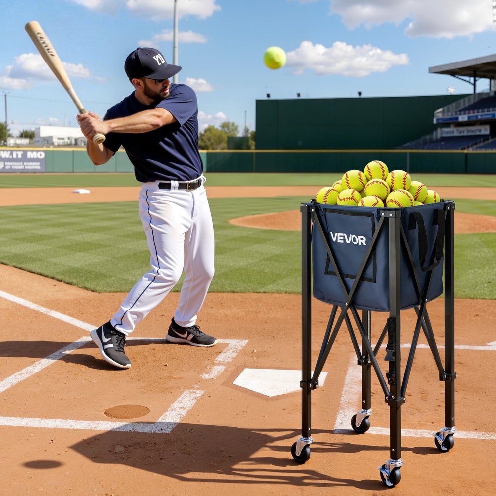 VEVOR Carro Plegable para Pelotas de Tenis con Ruedas, Cesta de Nailon Capacidad de 150 Pelotas con Tubo Recogepelotas de Tenis y Bolsillos Laterales, Carrito de Entrenamiento para Béisbol Pickleball