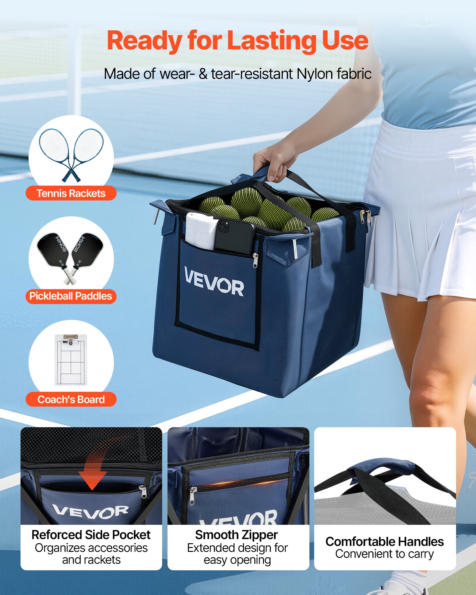VEVOR Carro Plegable para Pelotas de Tenis con Ruedas, Cesta de Nailon Capacidad de 150 Pelotas con Tubo Recogepelotas de Tenis y Bolsillos Laterales, Carrito de Entrenamiento para Béisbol Pickleball