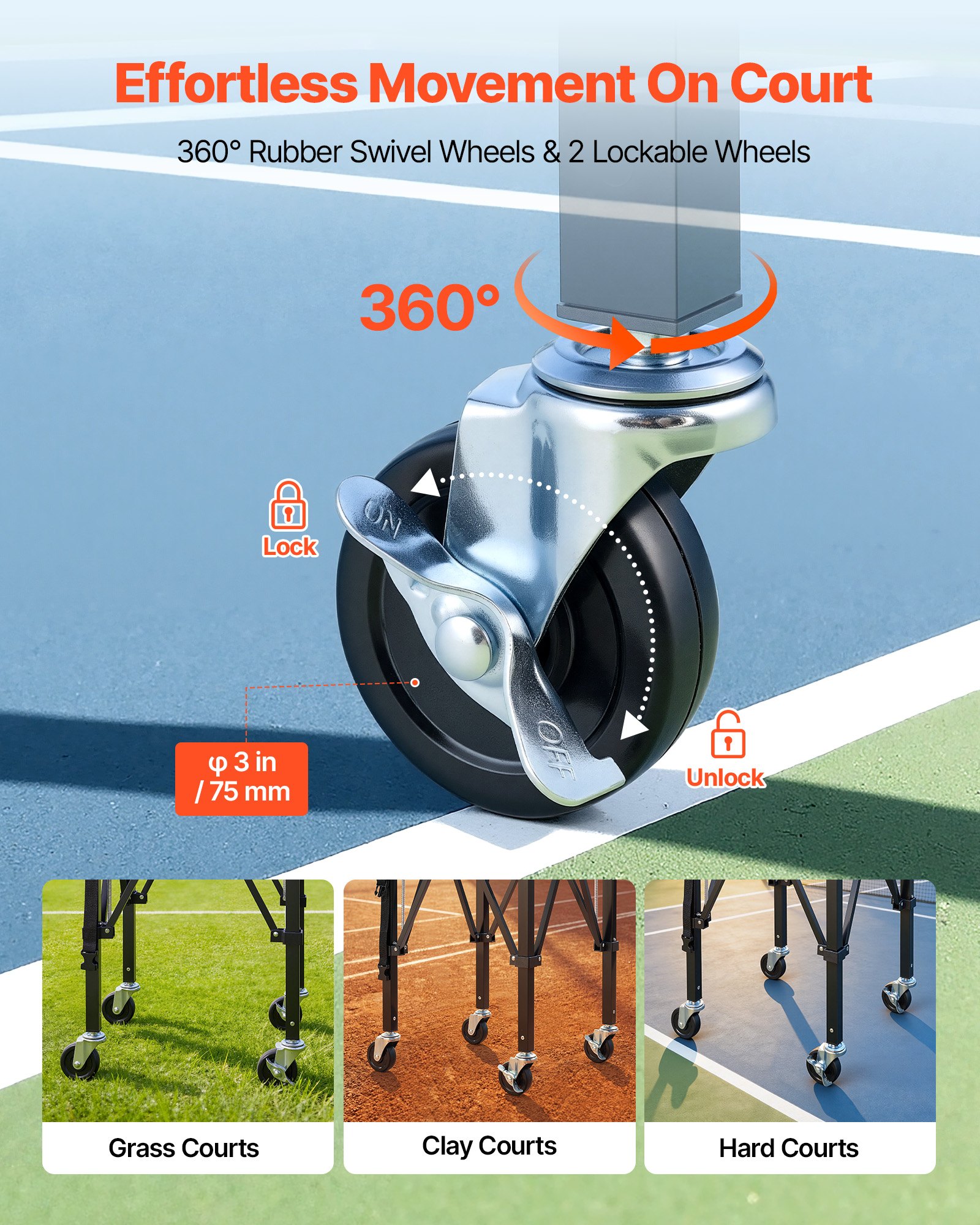 VEVOR Carro Plegable para Pelotas de Tenis con Ruedas, Cesta de Nailon Capacidad de 150 Pelotas con Tubo Recogepelotas de Tenis y Bolsillos Laterales, Carrito de Entrenamiento para Béisbol Pickleball
