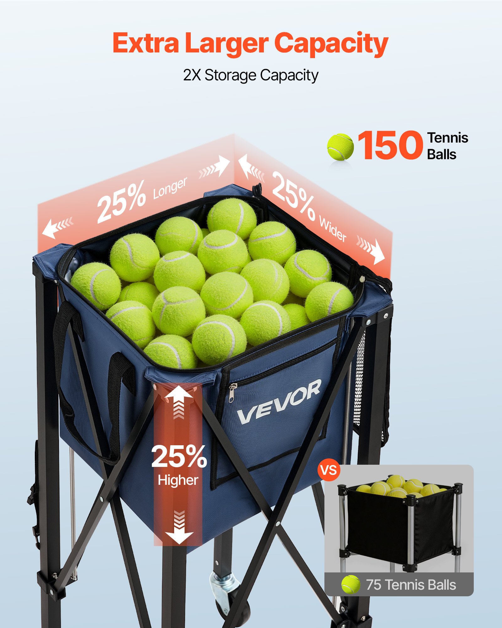VEVOR Carro Plegable para Pelotas de Tenis con Ruedas, Cesta de Nailon Capacidad de 150 Pelotas con Tubo Recogepelotas de Tenis y Bolsillos Laterales, Carrito de Entrenamiento para Béisbol Pickleball