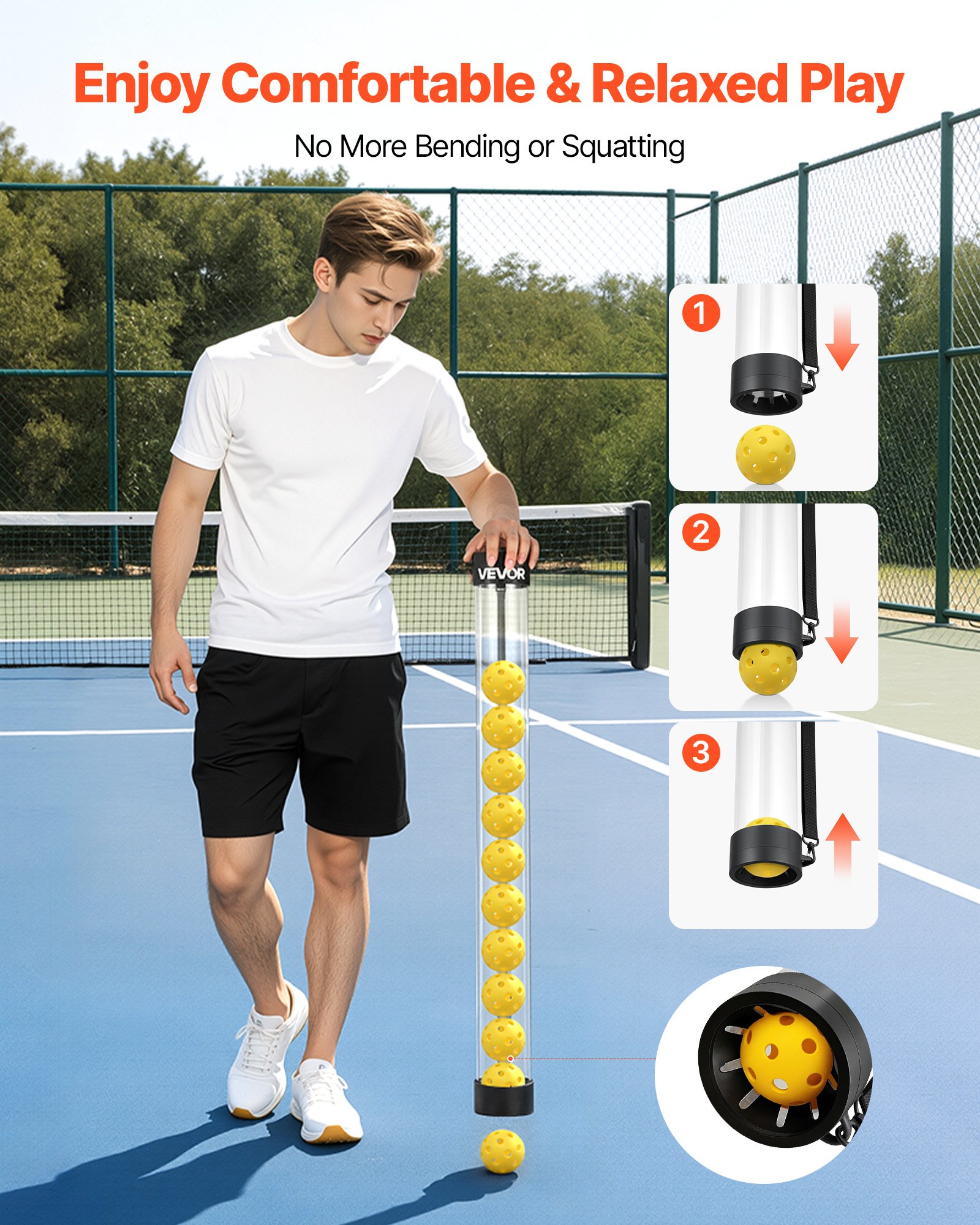VEVOR Carro Plegable para Pelotas de Tenis con Ruedas, Cesta de Nailon Capacidad de 150 Pelotas con Tubo Recogepelotas de Tenis y Bolsillos Laterales, Carrito de Entrenamiento para Béisbol Pickleball