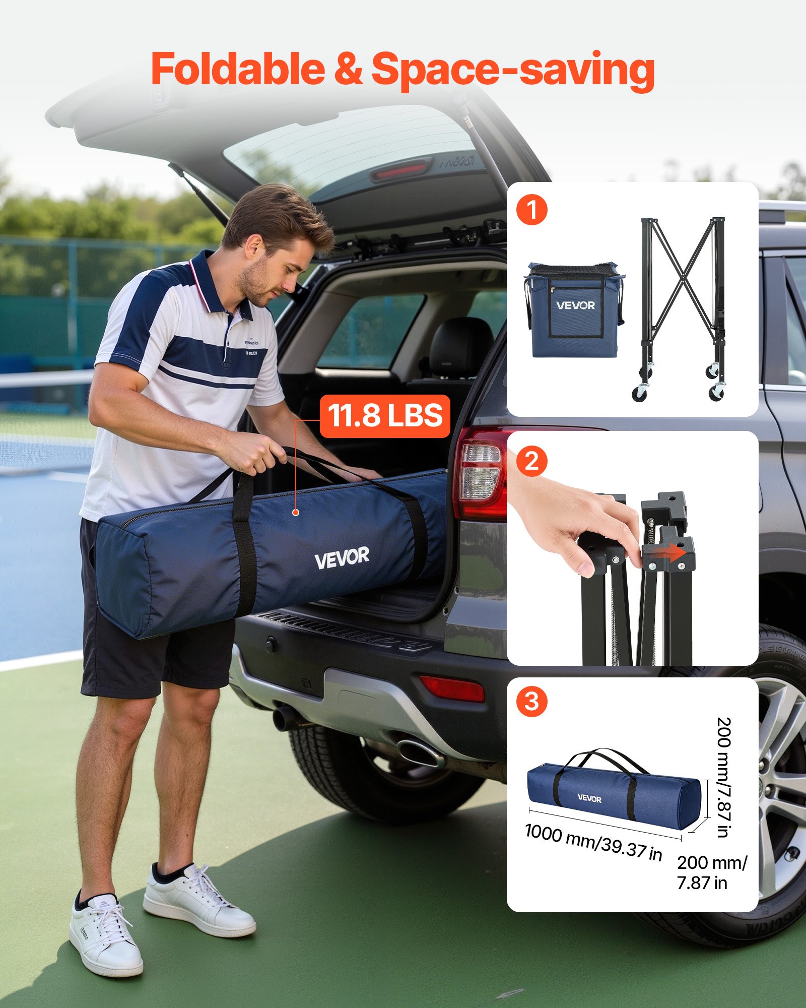 VEVOR Carro Plegable para Pelotas de Tenis con Ruedas, Cesta de Nailon Capacidad de 150 Pelotas con Tubo Recogepelotas de Tenis y Bolsillos Laterales, Carrito de Entrenamiento para Béisbol Pickleball