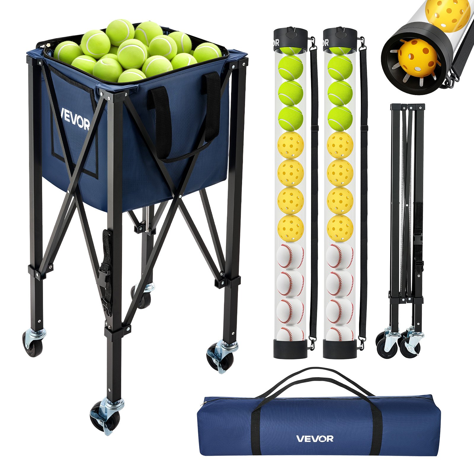 VEVOR Carro Plegable para Pelotas de Tenis con Ruedas, Cesta de Nailon Capacidad de 150 Pelotas con Tubo Recogepelotas de Tenis y Bolsillos Laterales, Carrito de Entrenamiento para Béisbol Pickleball