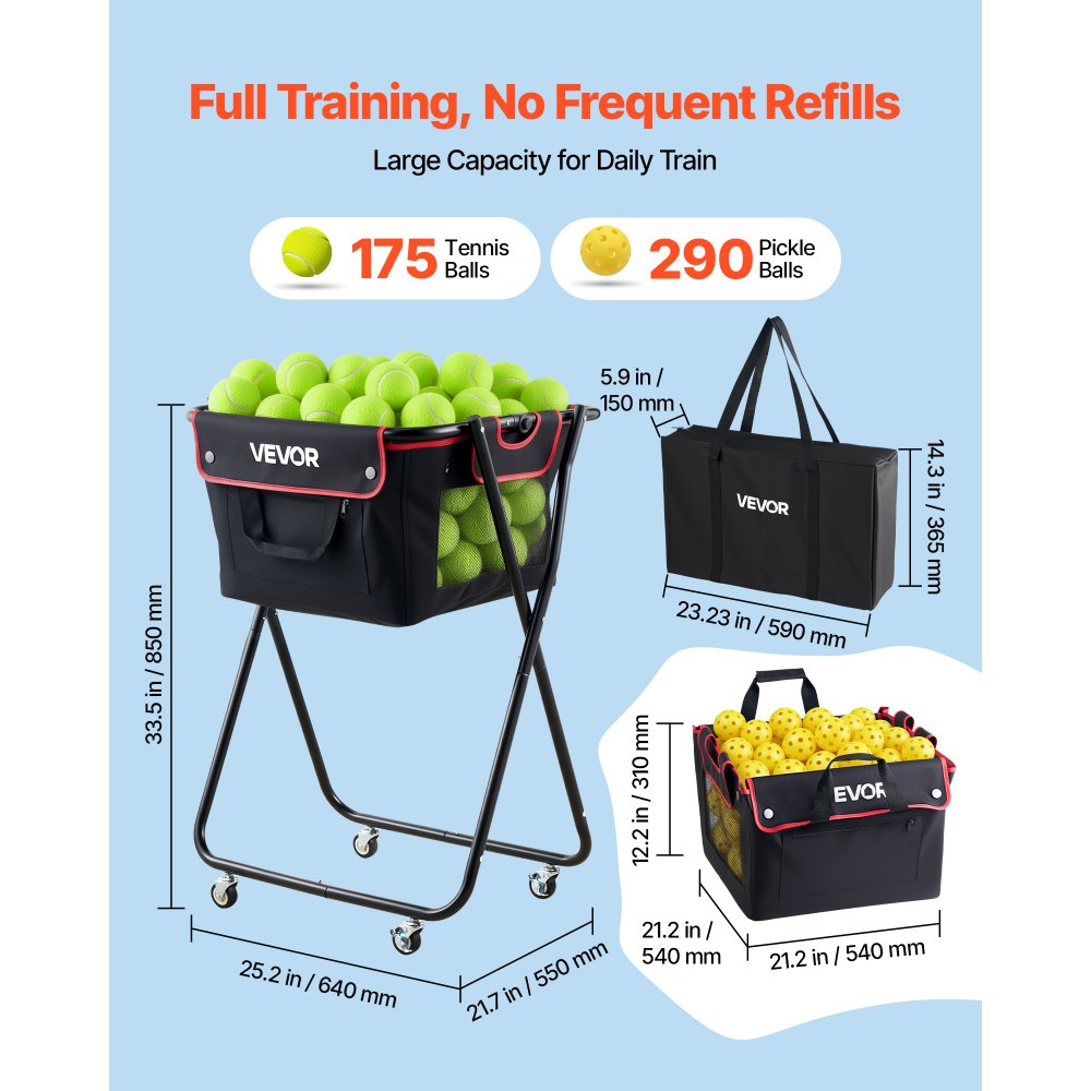 VEVOR Carro Plegable para Pelotas de Tenis con Ruedas, Capacidad de 175 Pelotas, Cesta de Tenis con Bolsillos Laterales, Bolsa de Nailon, Carrito de Entrenamiento Multideporte para Béisbol Pickleball