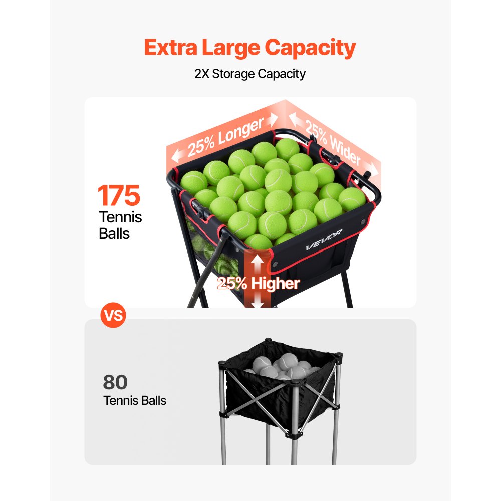 VEVOR Carro Plegable para Pelotas de Tenis con Ruedas, Capacidad de 175 Pelotas, Cesta de Tenis con Bolsillos Laterales, Bolsa de Nailon, Carrito de Entrenamiento Multideporte para Béisbol Pickleball
