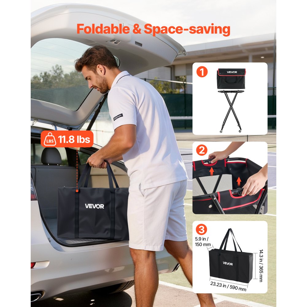 VEVOR Carro Plegable para Pelotas de Tenis con Ruedas, Capacidad de 175 Pelotas, Cesta de Tenis con Bolsillos Laterales, Bolsa de Nailon, Carrito de Entrenamiento Multideporte para Béisbol Pickleball