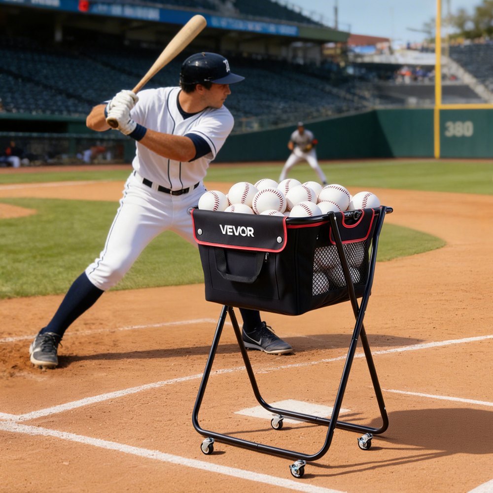 VEVOR Carro Plegable para Pelotas de Tenis con Ruedas, Capacidad de 175 Pelotas, Cesta de Tenis con Bolsillos Laterales, Bolsa de Nailon, Carrito de Entrenamiento Multideporte para Béisbol Pickleball