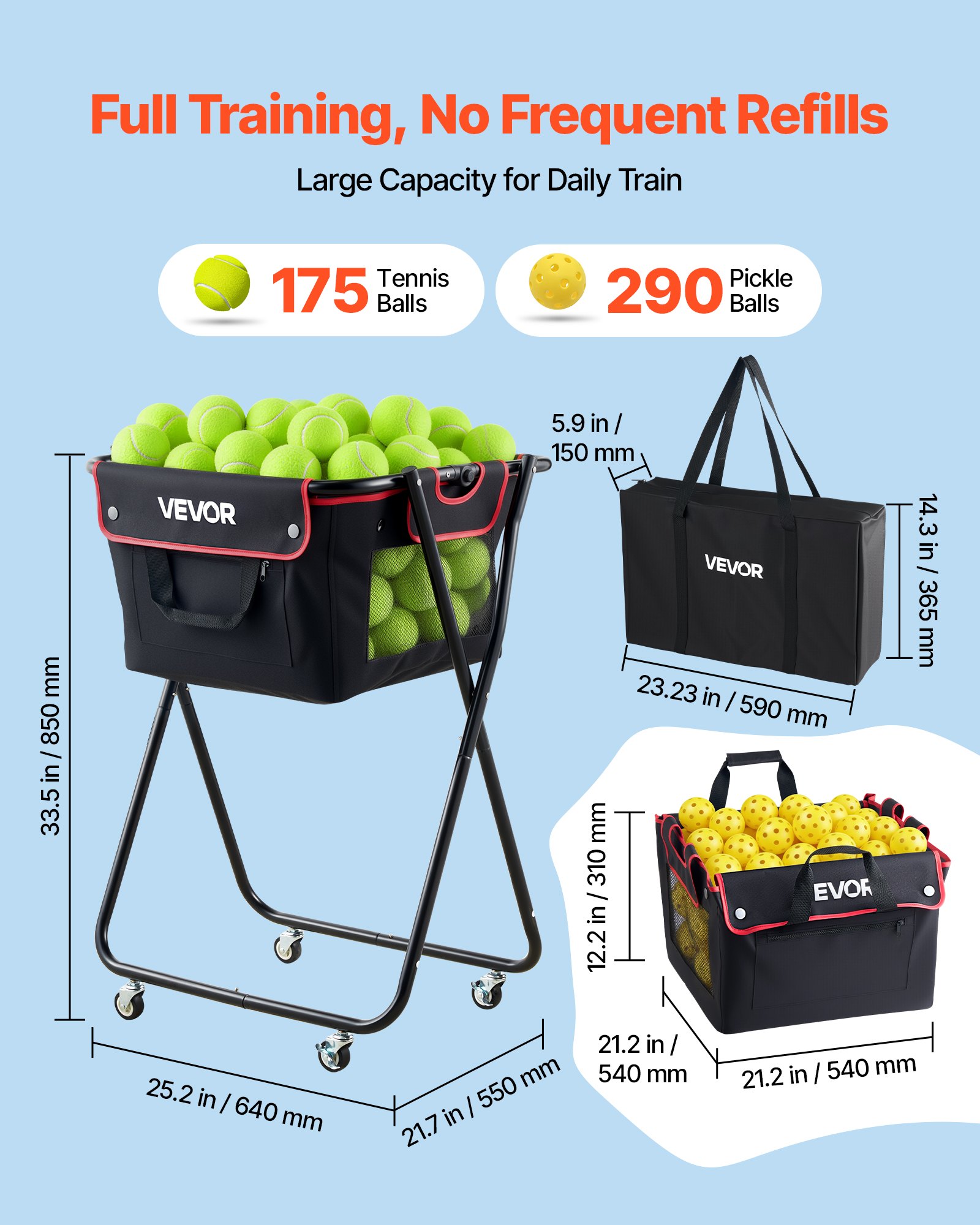 VEVOR Carro Plegable para Pelotas de Tenis con Ruedas, Capacidad de 175 Pelotas, Cesta de Tenis con Bolsillos Laterales, Bolsa de Nailon, Carrito de Entrenamiento Multideporte para Béisbol Pickleball
