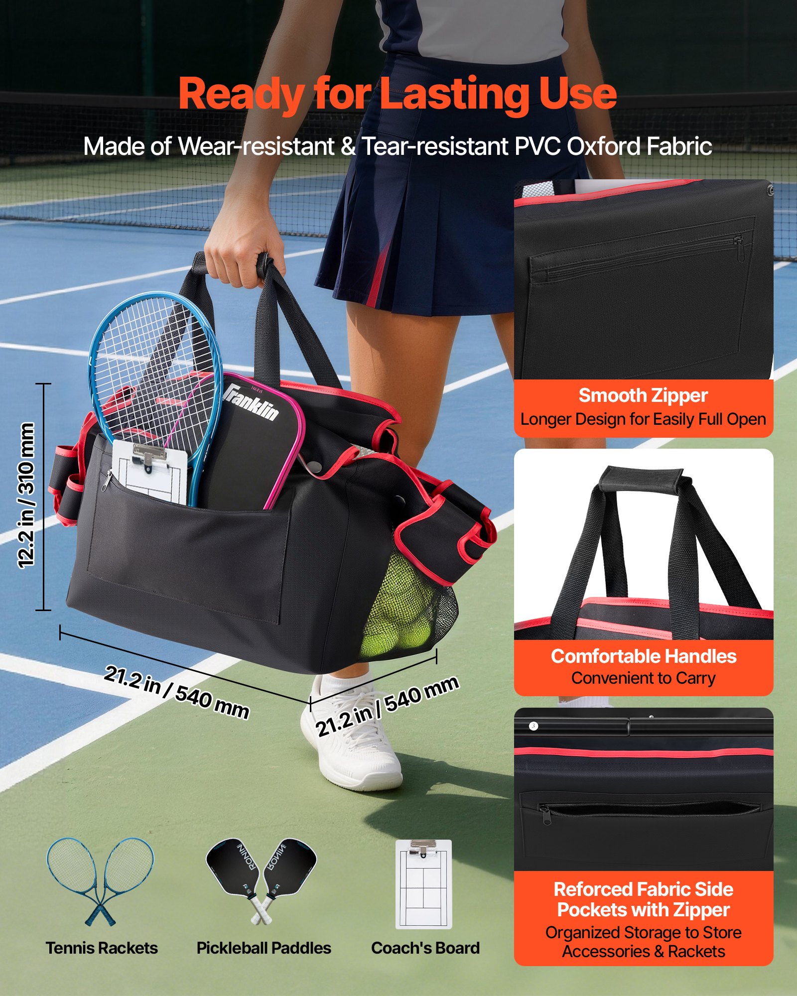 VEVOR Carro Plegable para Pelotas de Tenis con Ruedas, Capacidad de 175 Pelotas, Cesta de Tenis con Bolsillos Laterales, Bolsa de Nailon, Carrito de Entrenamiento Multideporte para Béisbol Pickleball