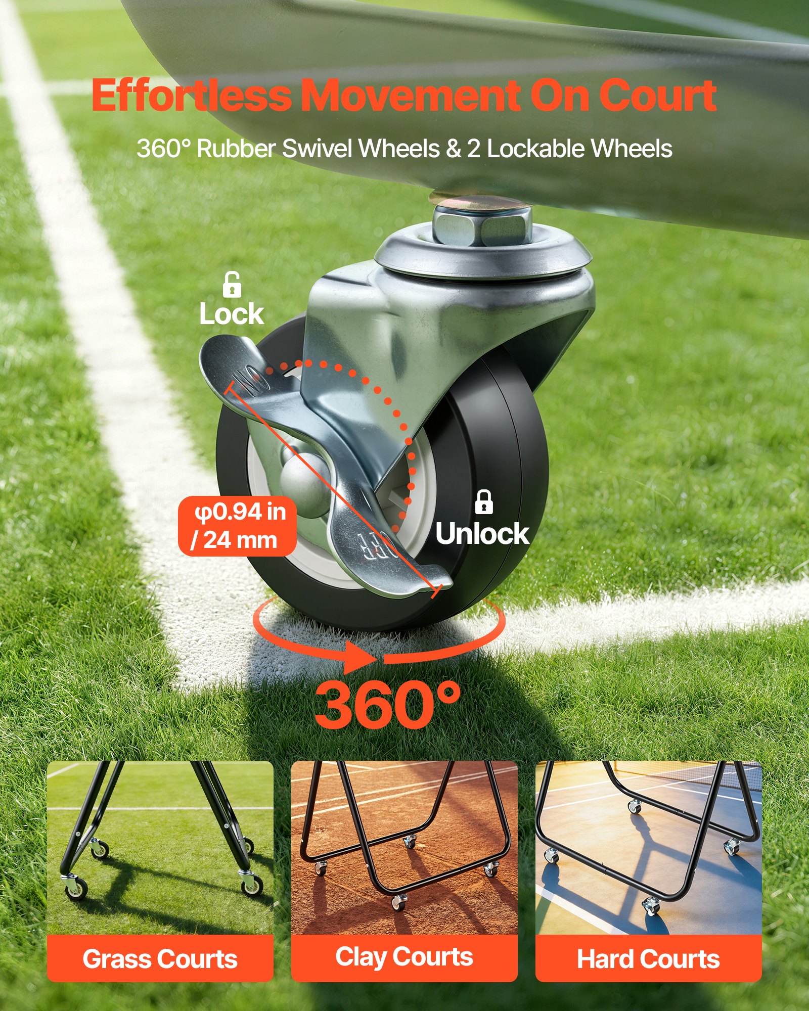 VEVOR Carro Plegable para Pelotas de Tenis con Ruedas, Capacidad de 175 Pelotas, Cesta de Tenis con Bolsillos Laterales, Bolsa de Nailon, Carrito de Entrenamiento Multideporte para Béisbol Pickleball
