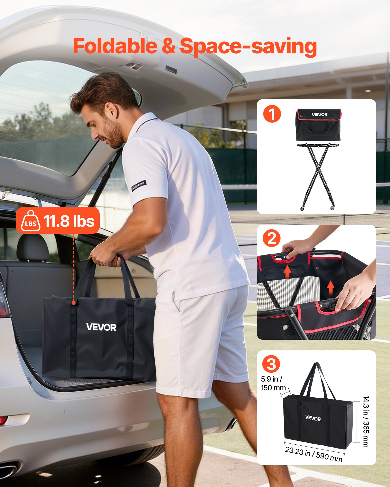 VEVOR Carro Plegable para Pelotas de Tenis con Ruedas, Capacidad de 175 Pelotas, Cesta de Tenis con Bolsillos Laterales, Bolsa de Nailon, Carrito de Entrenamiento Multideporte para Béisbol Pickleball