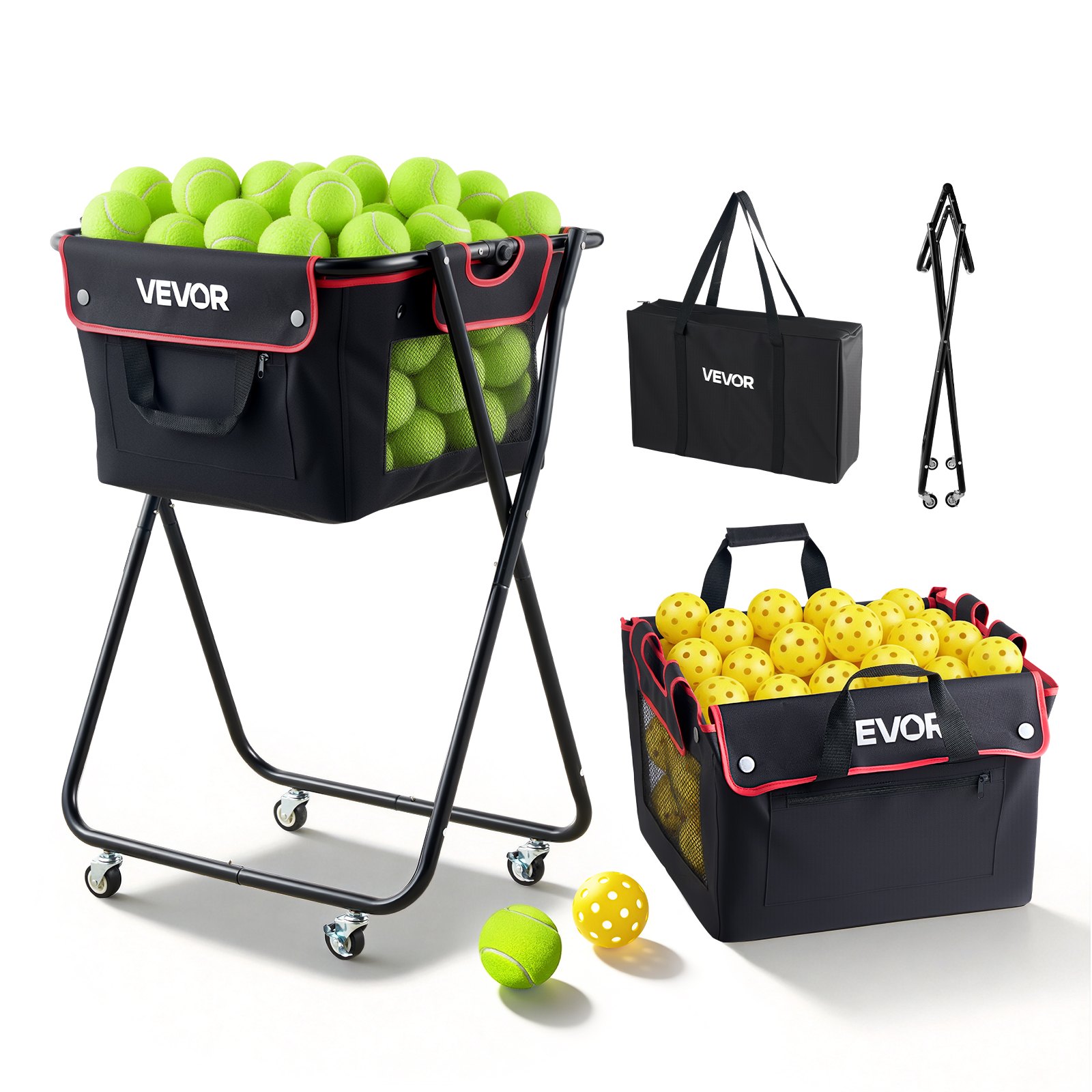 VEVOR Carro Plegable para Pelotas de Tenis con Ruedas, Capacidad de 175 Pelotas, Cesta de Tenis con Bolsillos Laterales, Bolsa de Nailon, Carrito de Entrenamiento Multideporte para Béisbol Pickleball