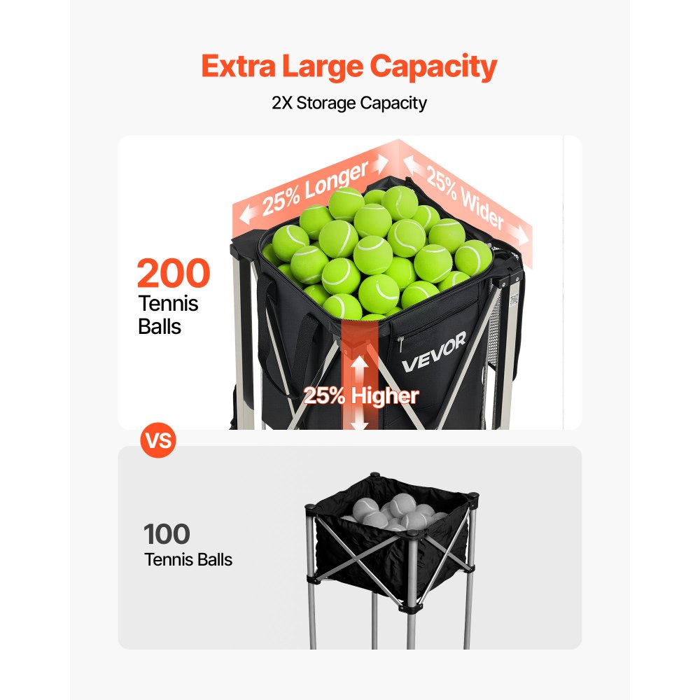 VEVOR Carro Plegable para Pelotas de Tenis con Ruedas, Cesta de Tenis Capacidad para 200 Pelotas, Bolsa de Nailon con Bolsillos Laterales, Carrito de Entrenamiento Multideporte para Béisbol Pickleball