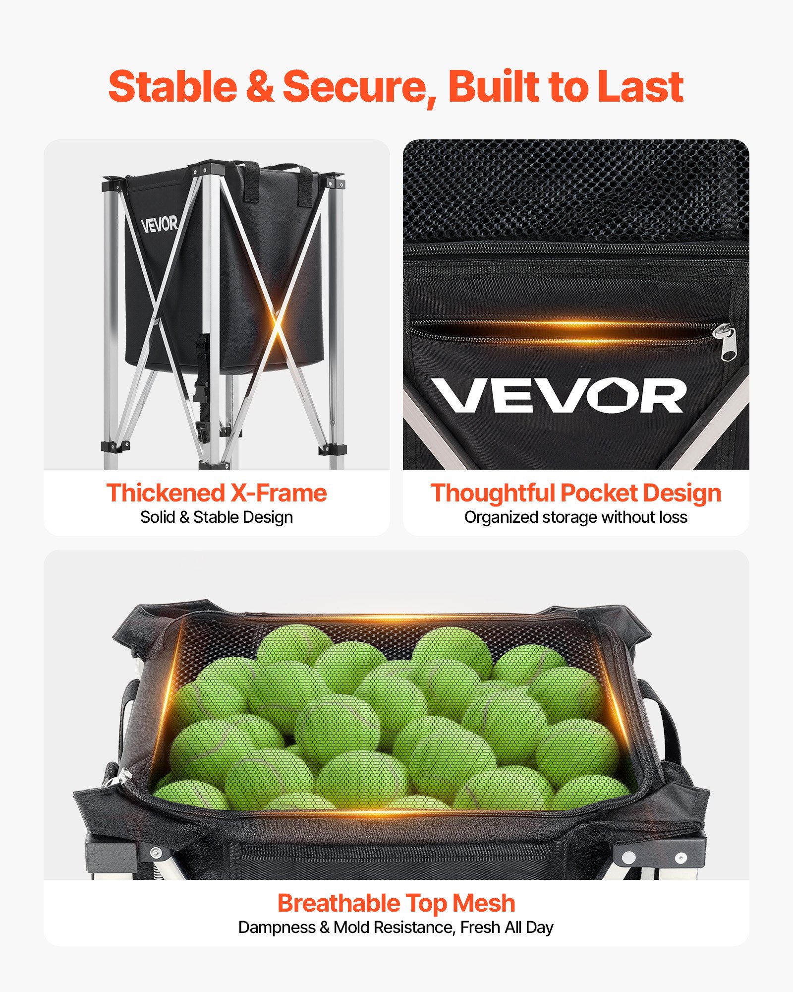 VEVOR Carro Plegable para Pelotas de Tenis con Ruedas, Cesta de Tenis Capacidad para 200 Pelotas, Bolsa de Nailon con Bolsillos Laterales, Carrito de Entrenamiento Multideporte para Béisbol Pickleball