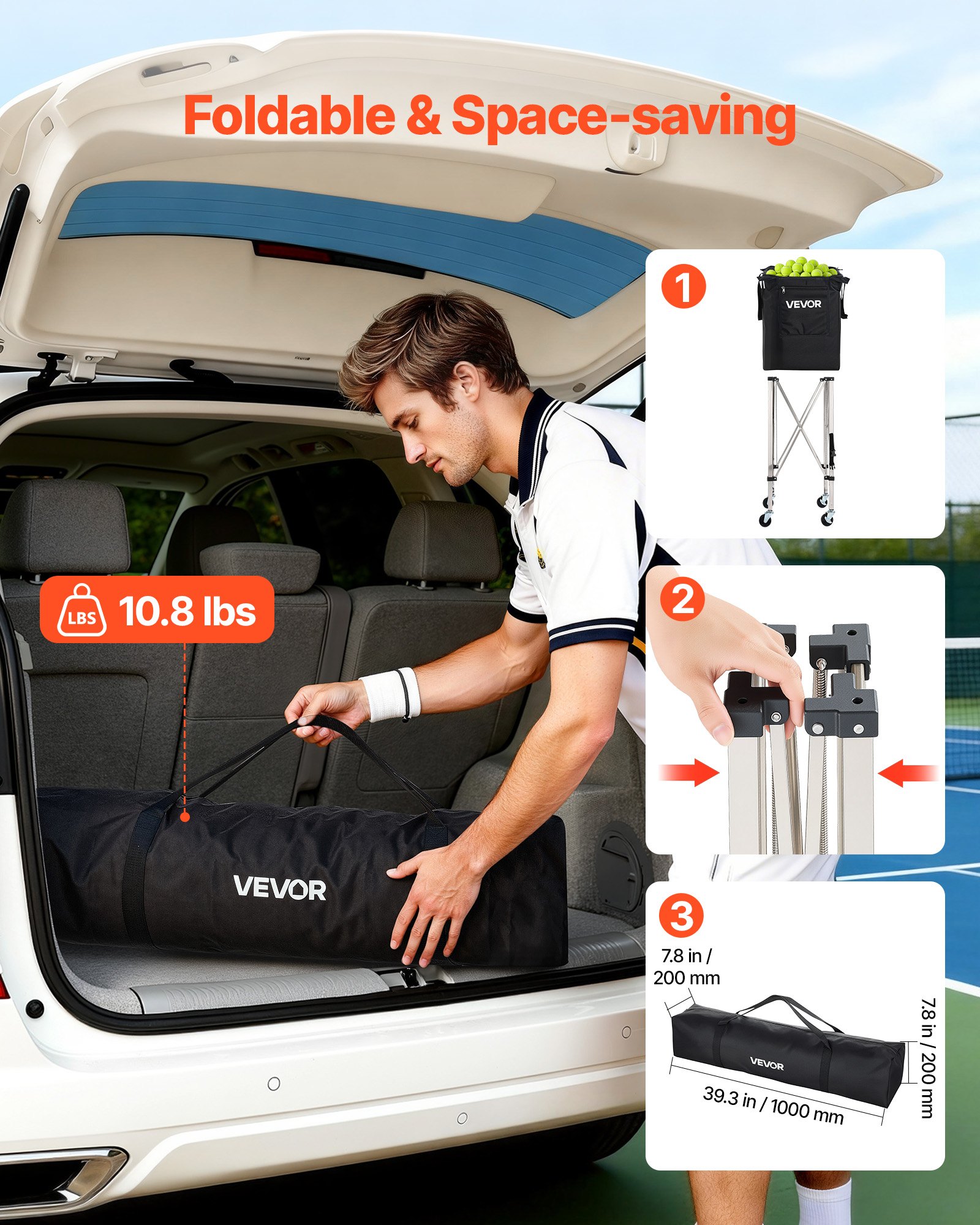 VEVOR Carro Plegable para Pelotas de Tenis con Ruedas, Cesta de Tenis Capacidad para 200 Pelotas, Bolsa de Nailon con Bolsillos Laterales, Carrito de Entrenamiento Multideporte para Béisbol Pickleball