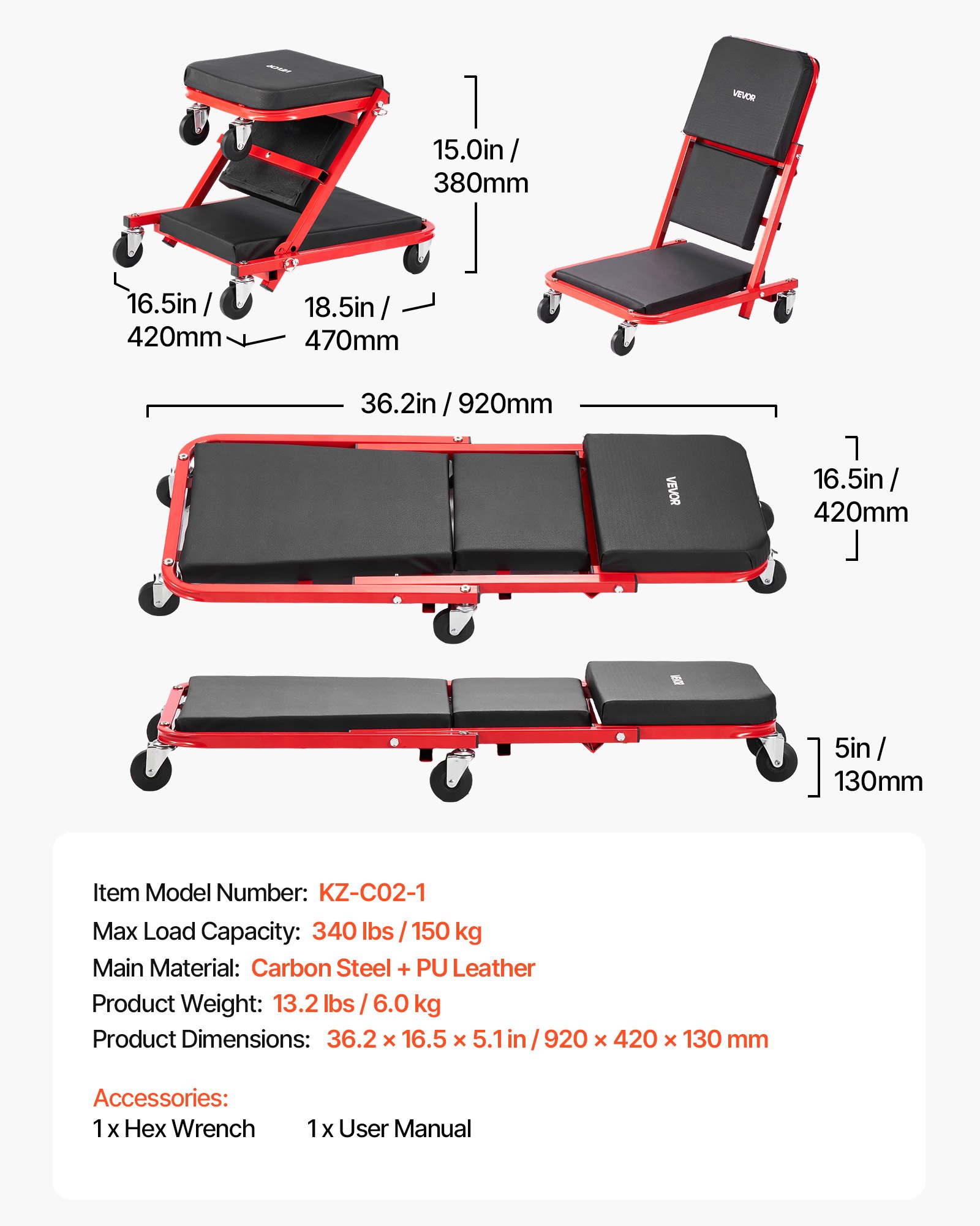 VEVOR Camilla Mecánica Taburete para Taller Plegable 92 cm con 6 Ruedas, Forma en Z, Carga Máxima de 150 kg, Marco de Acero al Carbono, Superficie de Cuero Sintético, Para Reparación de Automóvil