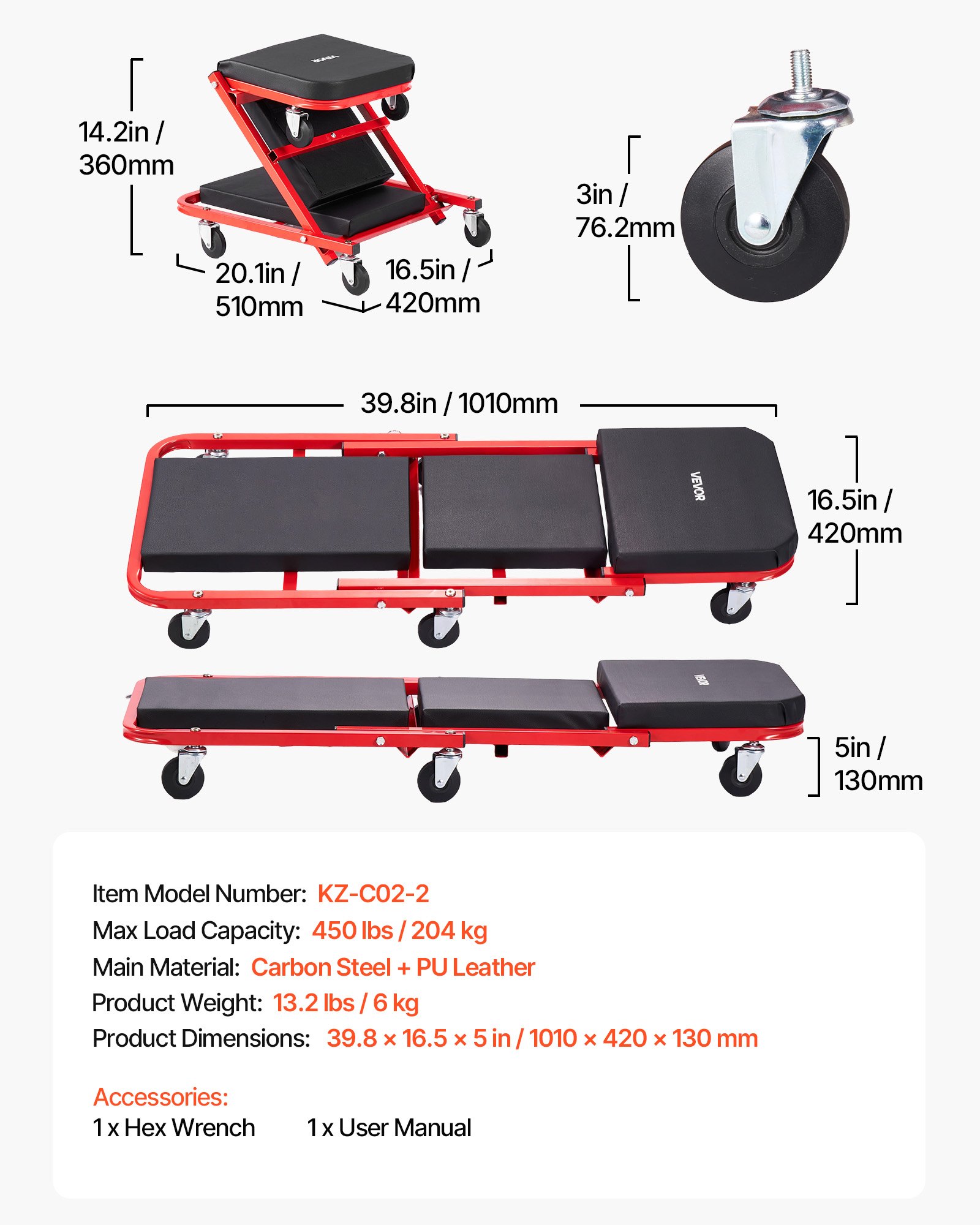 VEVOR Camilla Mecánica Taburete para Taller Plegable 101 cm con 6 Ruedas, Forma en Z, Carga Máxima de 204 kg, Marco de Acero al Carbono, Superficie de Cuero Sintético, Para Reparación de Automóvil
