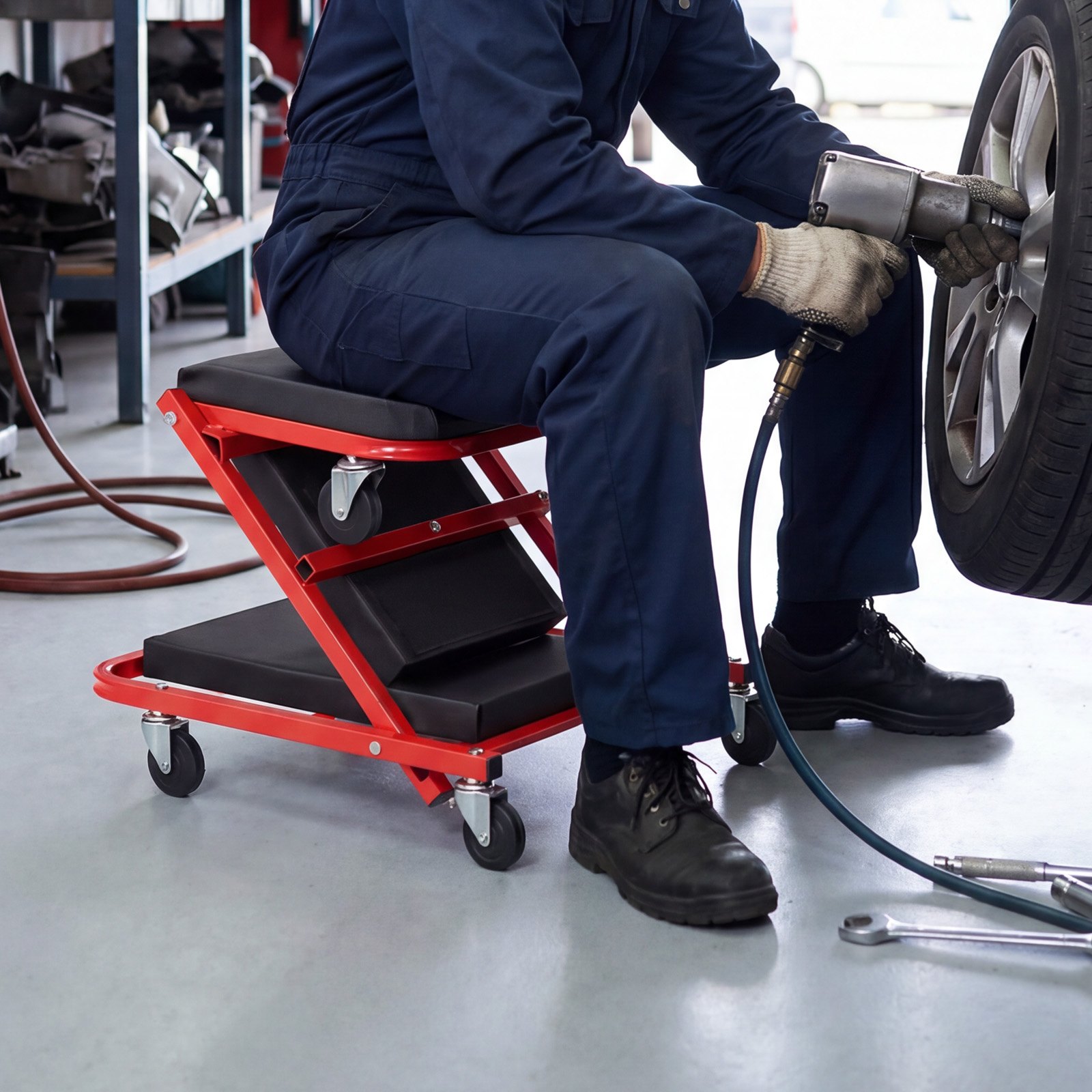 VEVOR Camilla Mecánica Taburete para Taller Plegable 101 cm con 6 Ruedas, Forma en Z, Carga Máxima de 204 kg, Marco de Acero al Carbono, Superficie de Cuero Sintético, Para Reparación de Automóvil