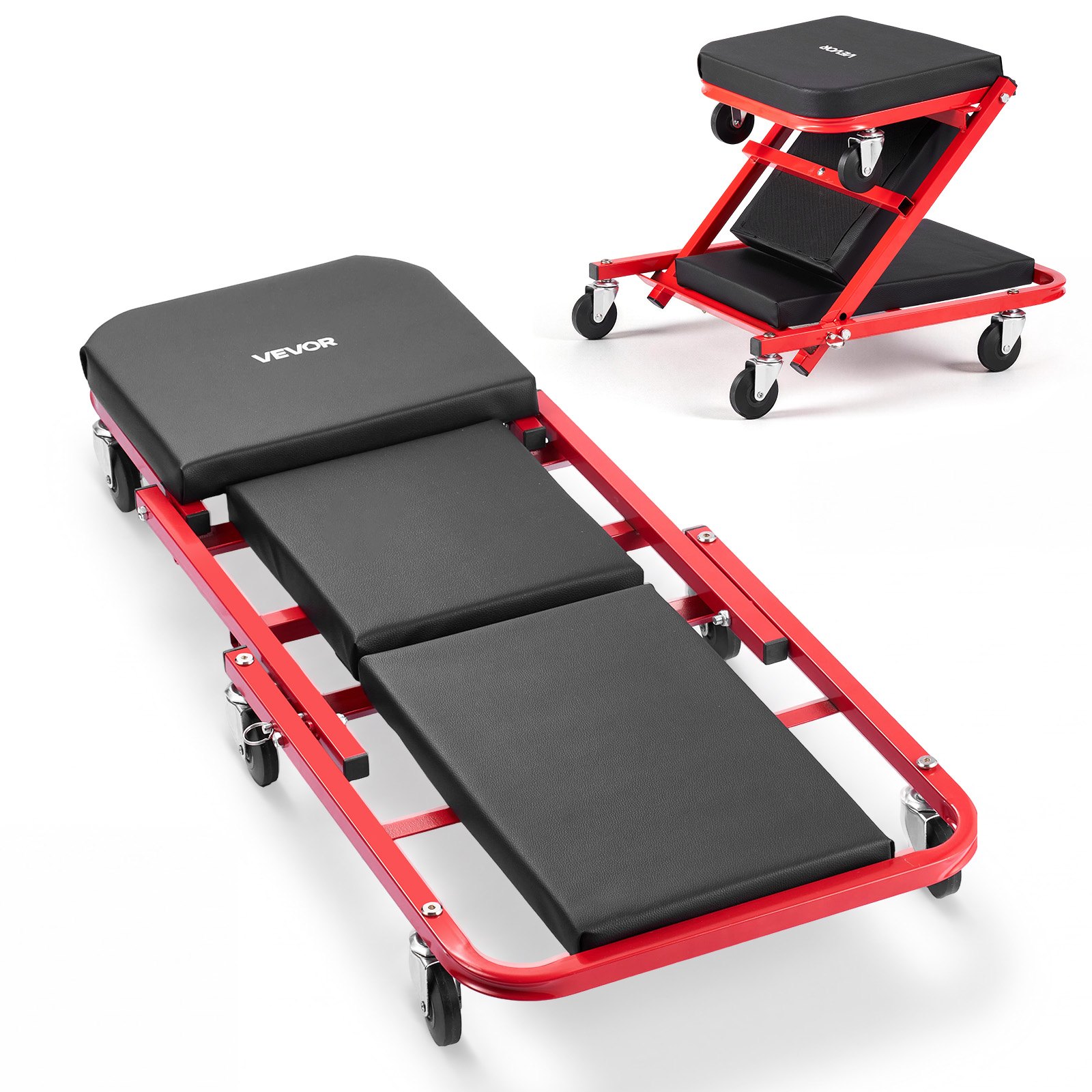 VEVOR Camilla Mecánica Taburete para Taller Plegable 101 cm con 6 Ruedas, Forma en Z, Carga Máxima de 204 kg, Marco de Acero al Carbono, Superficie de Cuero Sintético, Para Reparación de Automóvil