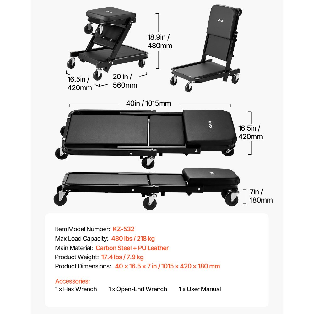VEVOR Camilla Mecánica Taburete para Taller Plegable 101,5 cm con 6 Ruedas, Forma en Z, Carga Máxima de 218 kg, Marco de Acero al Carbono, Superficie de Cuero Sintético, Para Reparación de Automóvil