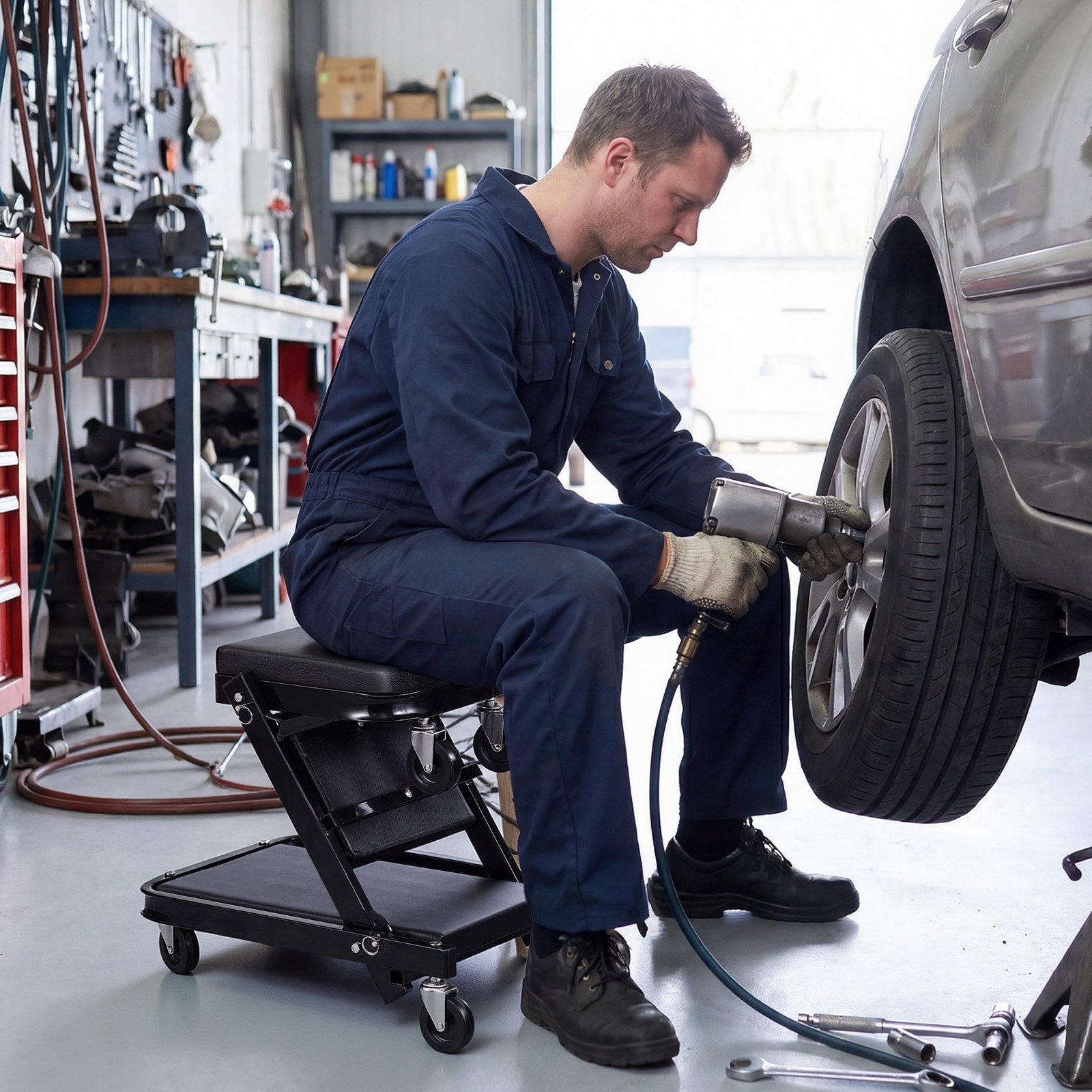 VEVOR Camilla Mecánica Taburete para Taller Plegable 101,5 cm con 6 Ruedas, Forma en Z, Carga Máxima de 218 kg, Marco de Acero al Carbono, Superficie de Cuero Sintético, Para Reparación de Automóvil