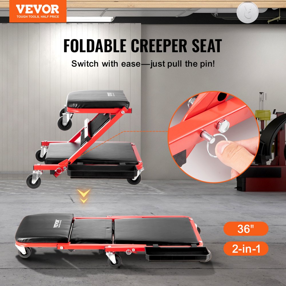 VEVOR Taburete plegable para garaje en forma de Z, 914 mm, capacidad de 136,1 kg, taburete plegable para mecánico con ruedas, bandeja para herramientas de 6 ruedas, asiento acolchado, estructura de acero, silla para tumbarse o sentarse para garaje, taller o casa