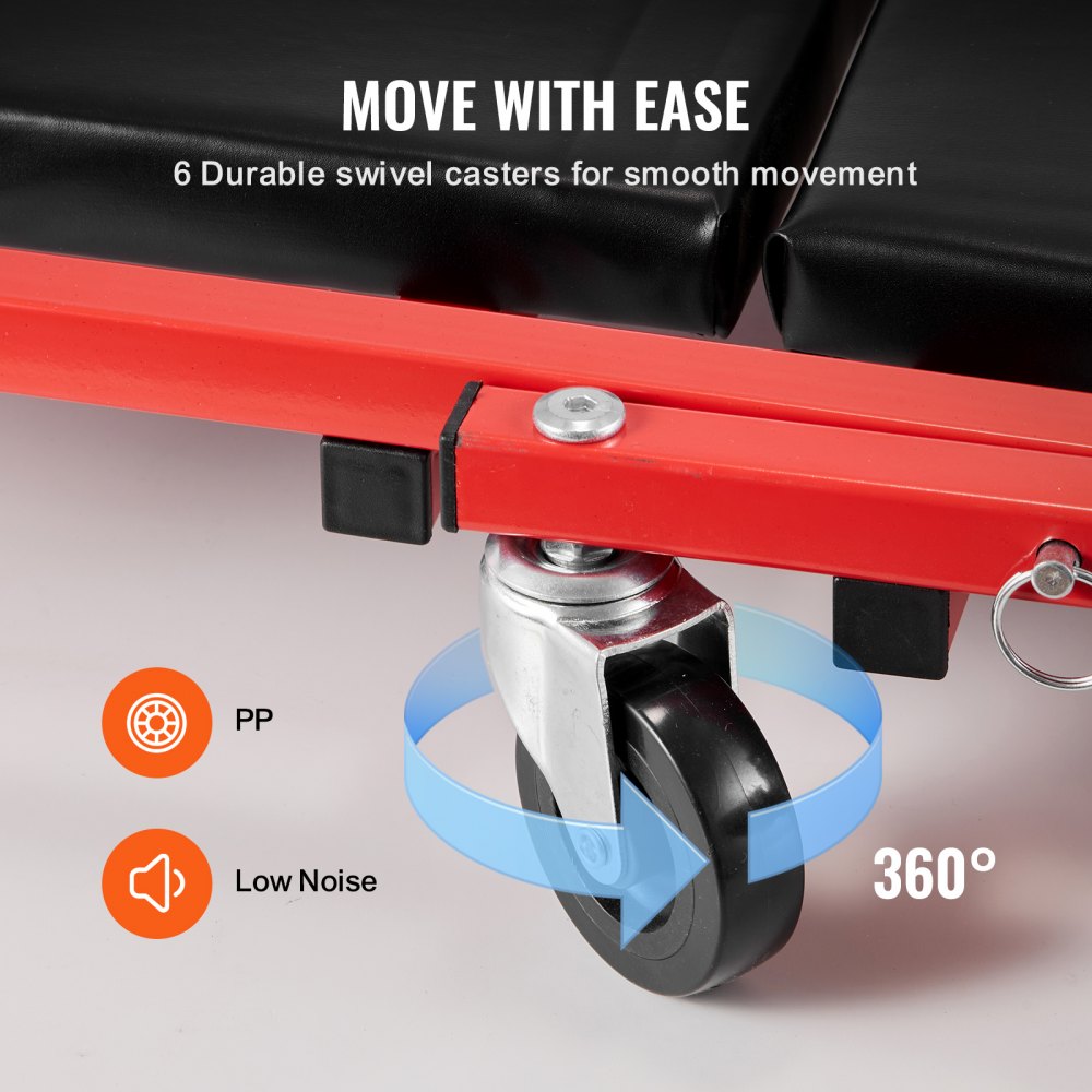 VEVOR Taburete plegable para garaje en forma de Z, 914 mm, capacidad de 136,1 kg, taburete plegable para mecánico con ruedas, bandeja para herramientas de 6 ruedas, asiento acolchado, estructura de acero, silla para tumbarse o sentarse para garaje, taller o casa
