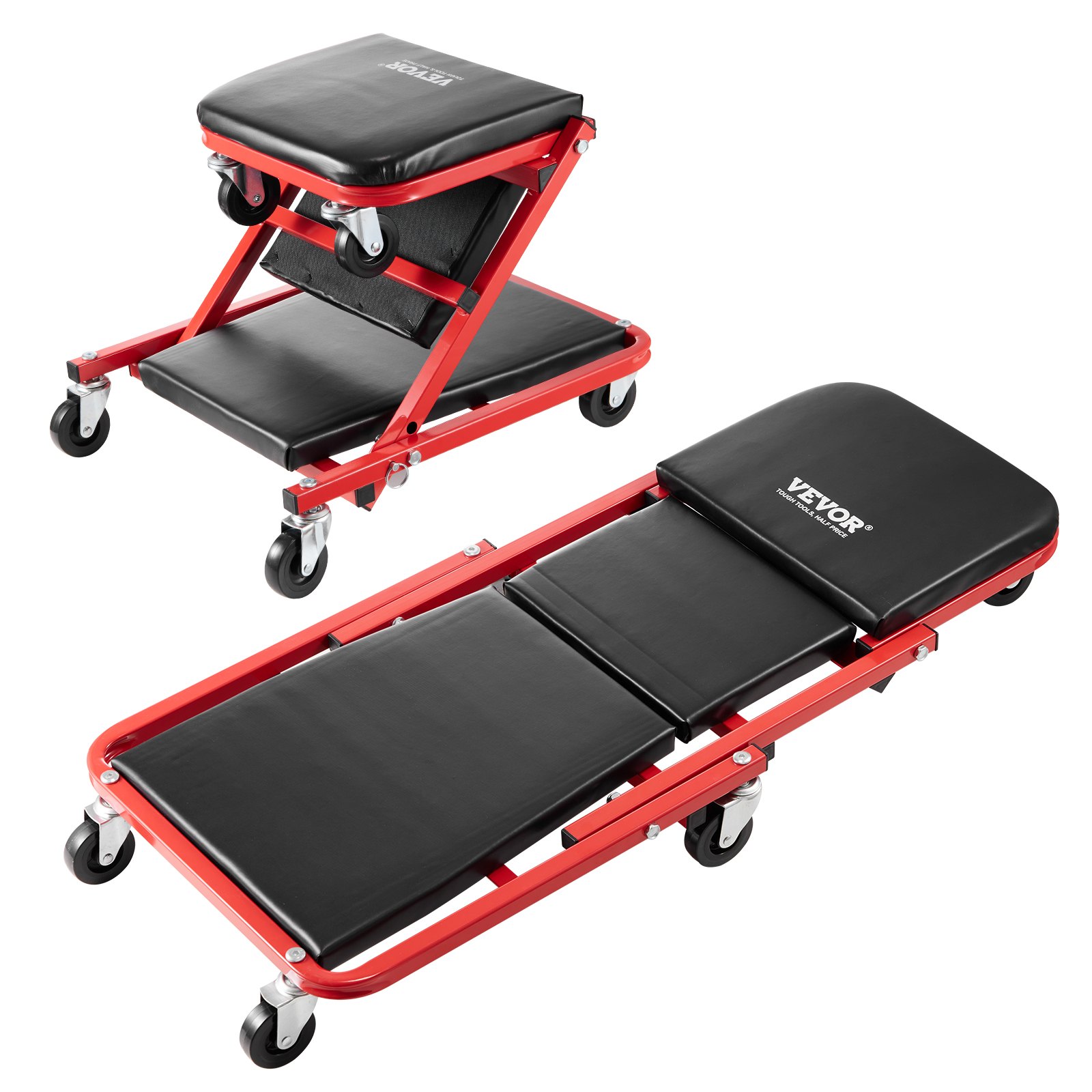 VEVOR Taburete plegable para garaje en forma de Z, 914 mm, capacidad de 136,1 kg, taburete plegable para mecánico con ruedas, bandeja para herramientas de 6 ruedas, asiento acolchado, estructura de acero, silla para tumbarse o sentarse para garaje, taller o casa