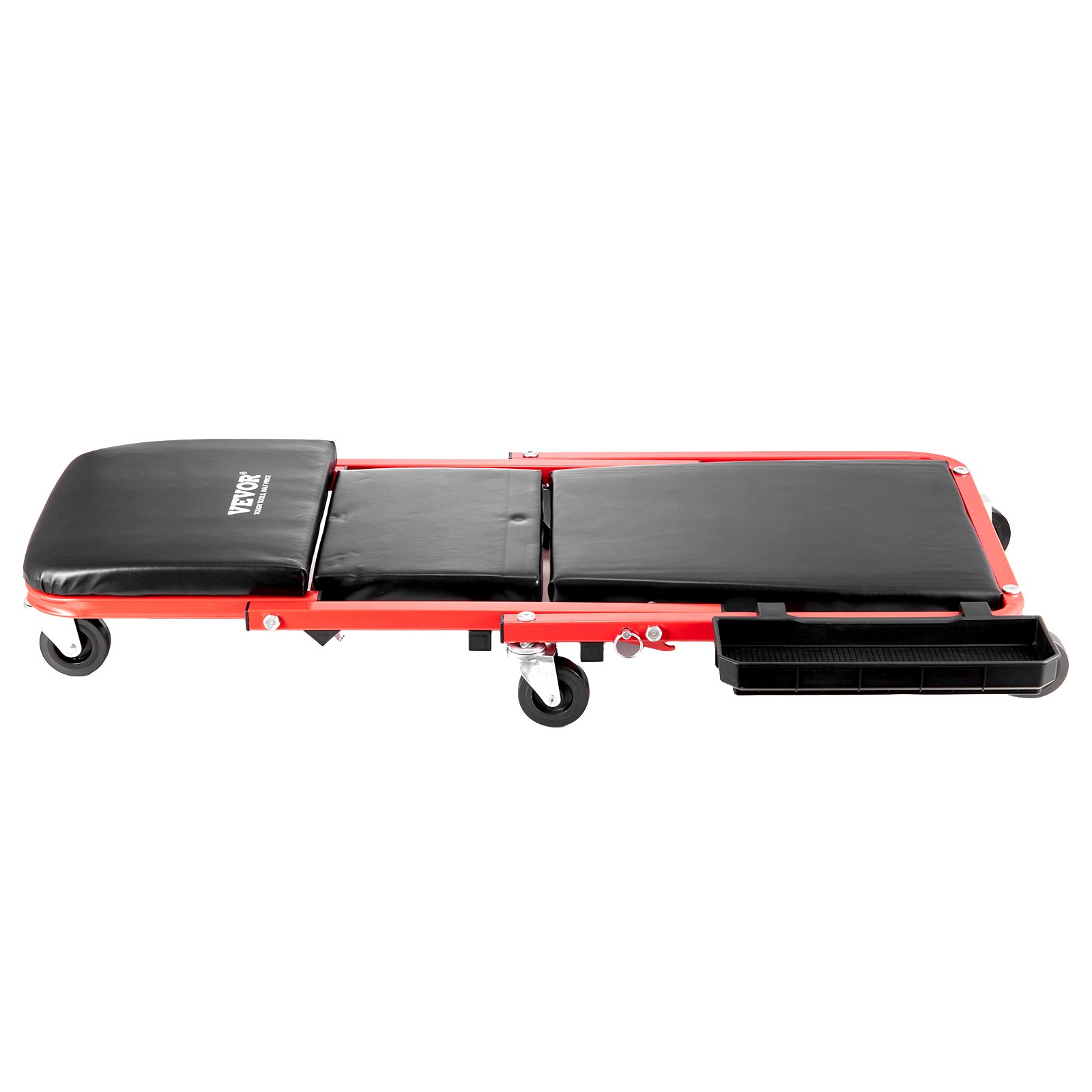 VEVOR Taburete plegable para garaje en forma de Z, 914 mm, capacidad de 136,1 kg, taburete plegable para mecánico con ruedas, bandeja para herramientas de 6 ruedas, asiento acolchado, estructura de acero, silla para tumbarse o sentarse para garaje, taller o casa
