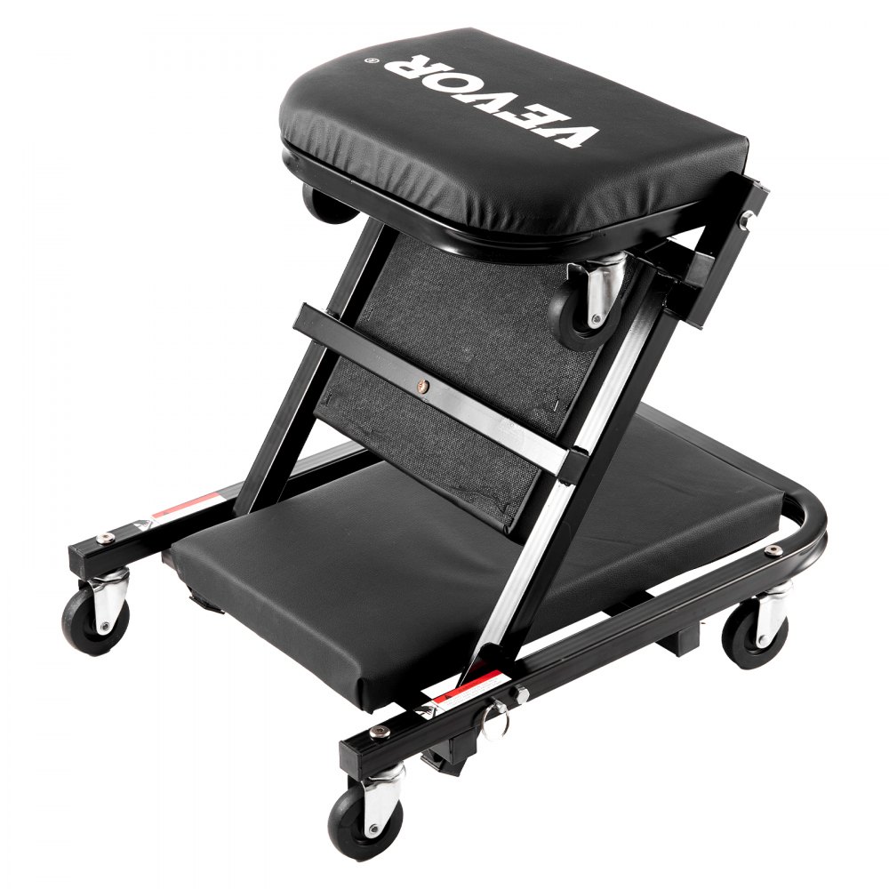 VEVOR Taburete plegable para garaje en forma de Z, 1016 mm, capacidad de 204,1 kg, taburete plegable para mecánico con 6 ruedas universales, asiento acolchado, estructura de acero, silla para tumbarse o sentarse para garaje, taller o casa