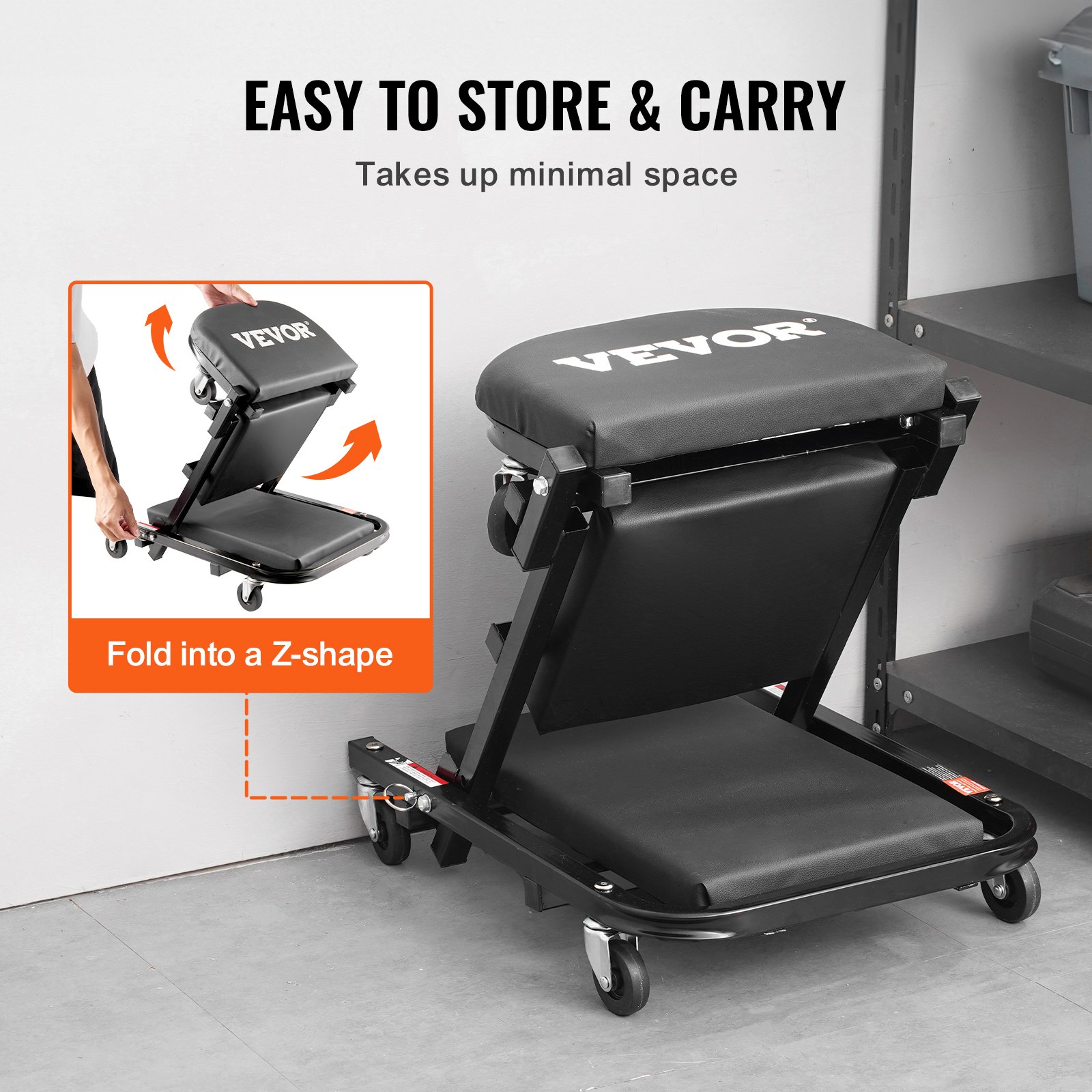 VEVOR Taburete plegable para garaje en forma de Z, 1016 mm, capacidad de 204,1 kg, taburete plegable para mecánico con 6 ruedas universales, asiento acolchado, estructura de acero, silla para tumbarse o sentarse para garaje, taller o casa