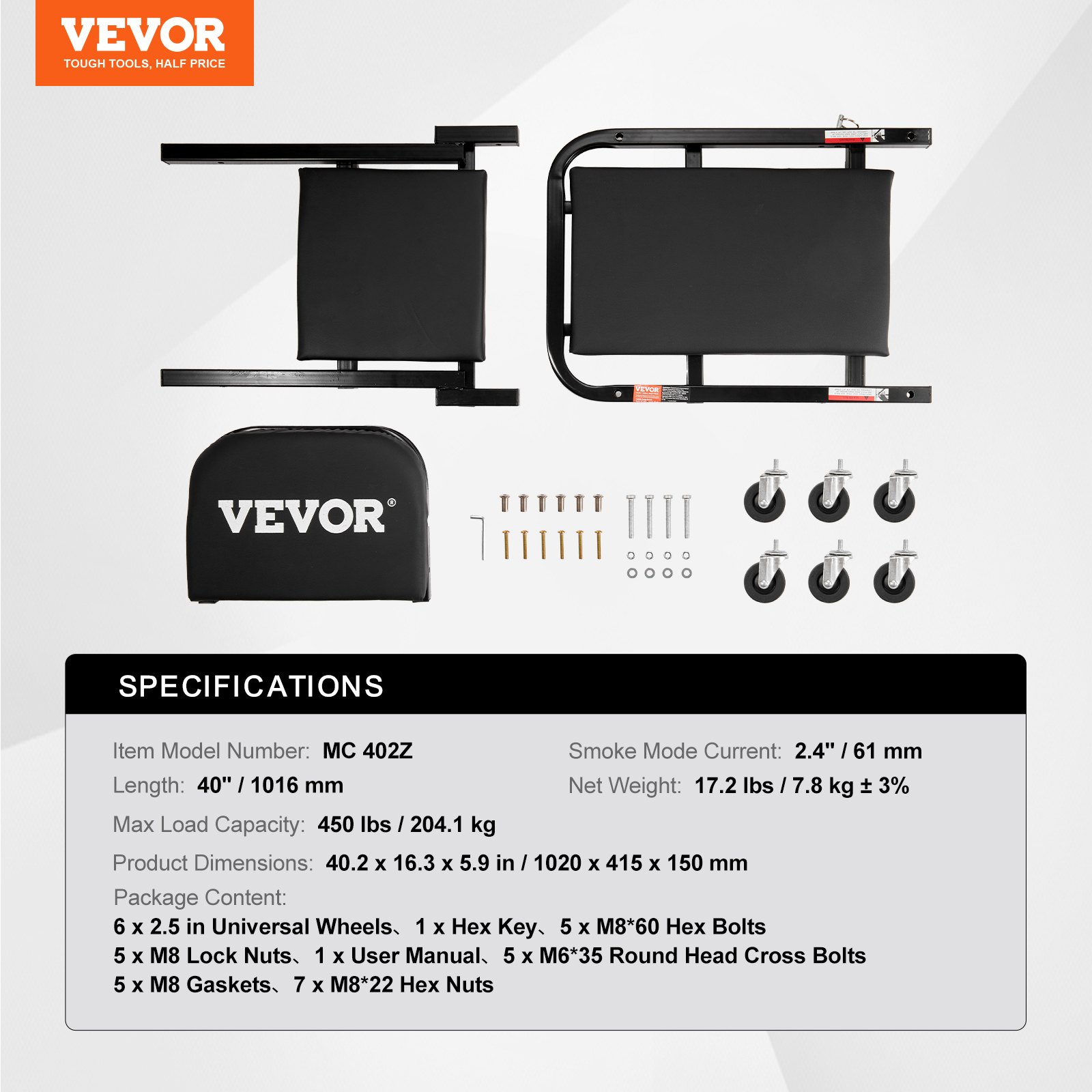 VEVOR Taburete plegable para garaje en forma de Z, 1016 mm, capacidad de 204,1 kg, taburete plegable para mecánico con 6 ruedas universales, asiento acolchado, estructura de acero, silla para tumbarse o sentarse para garaje, taller o casa