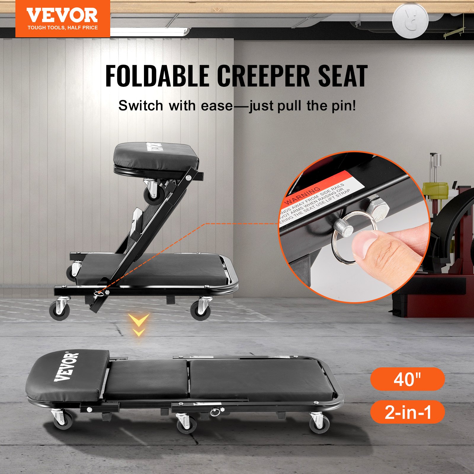 VEVOR Taburete plegable para garaje en forma de Z, 1016 mm, capacidad de 204,1 kg, taburete plegable para mecánico con 6 ruedas universales, asiento acolchado, estructura de acero, silla para tumbarse o sentarse para garaje, taller o casa